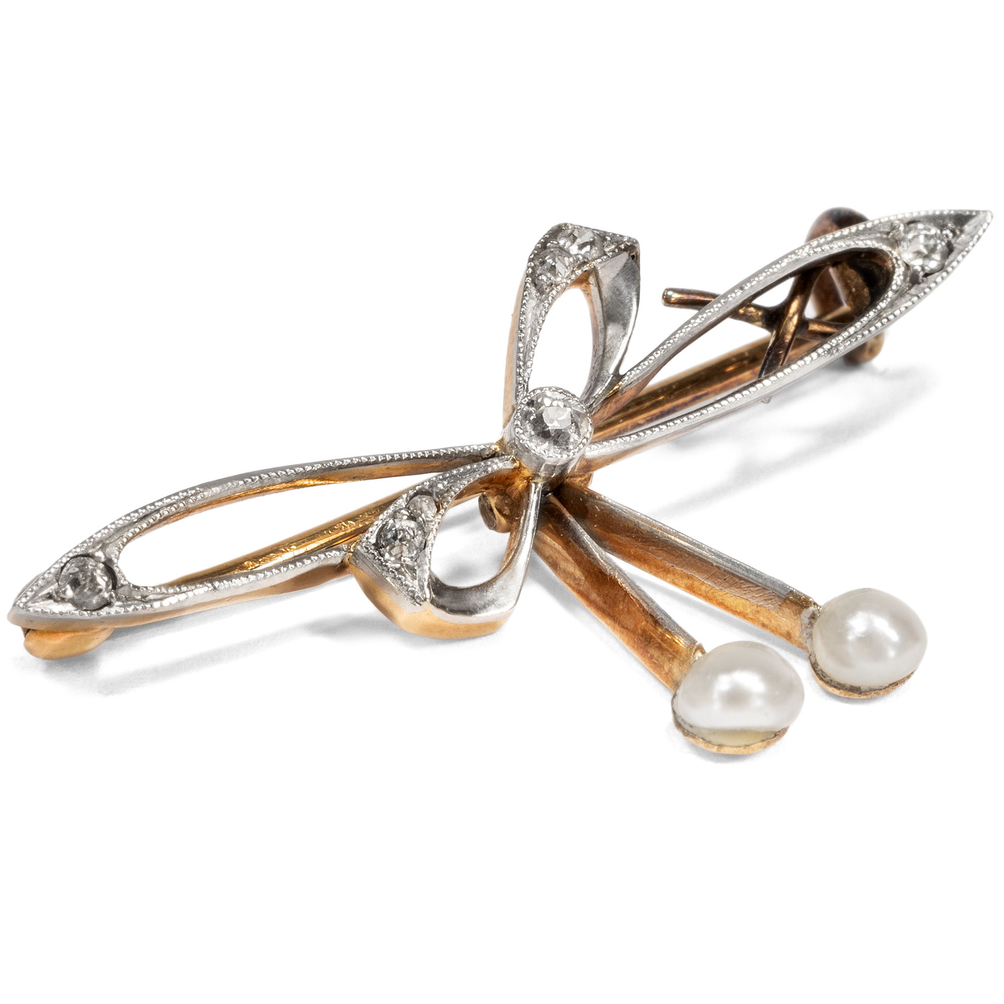 Graceful Bow Brooch With Natural Pearls & Diamonds, Around 1910