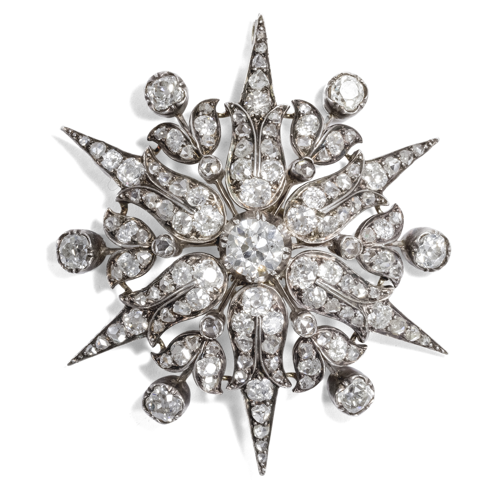 Stunning Diamond Star in Gold & Silver as a Brooch & Pendant, ca. 1880