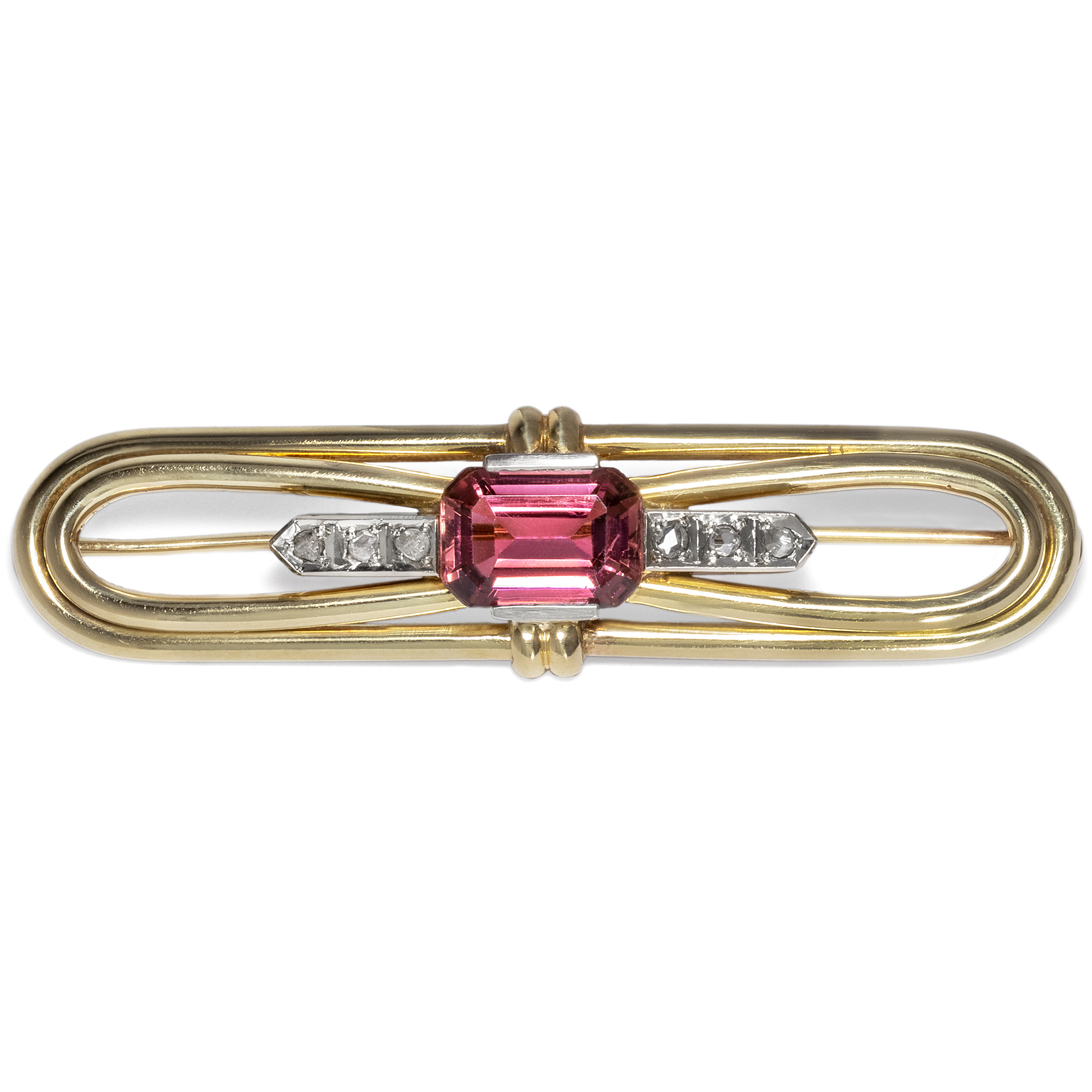 Elegant Vintage Brooch With Tourmaline & Diamonds in Gold, ca. 1950