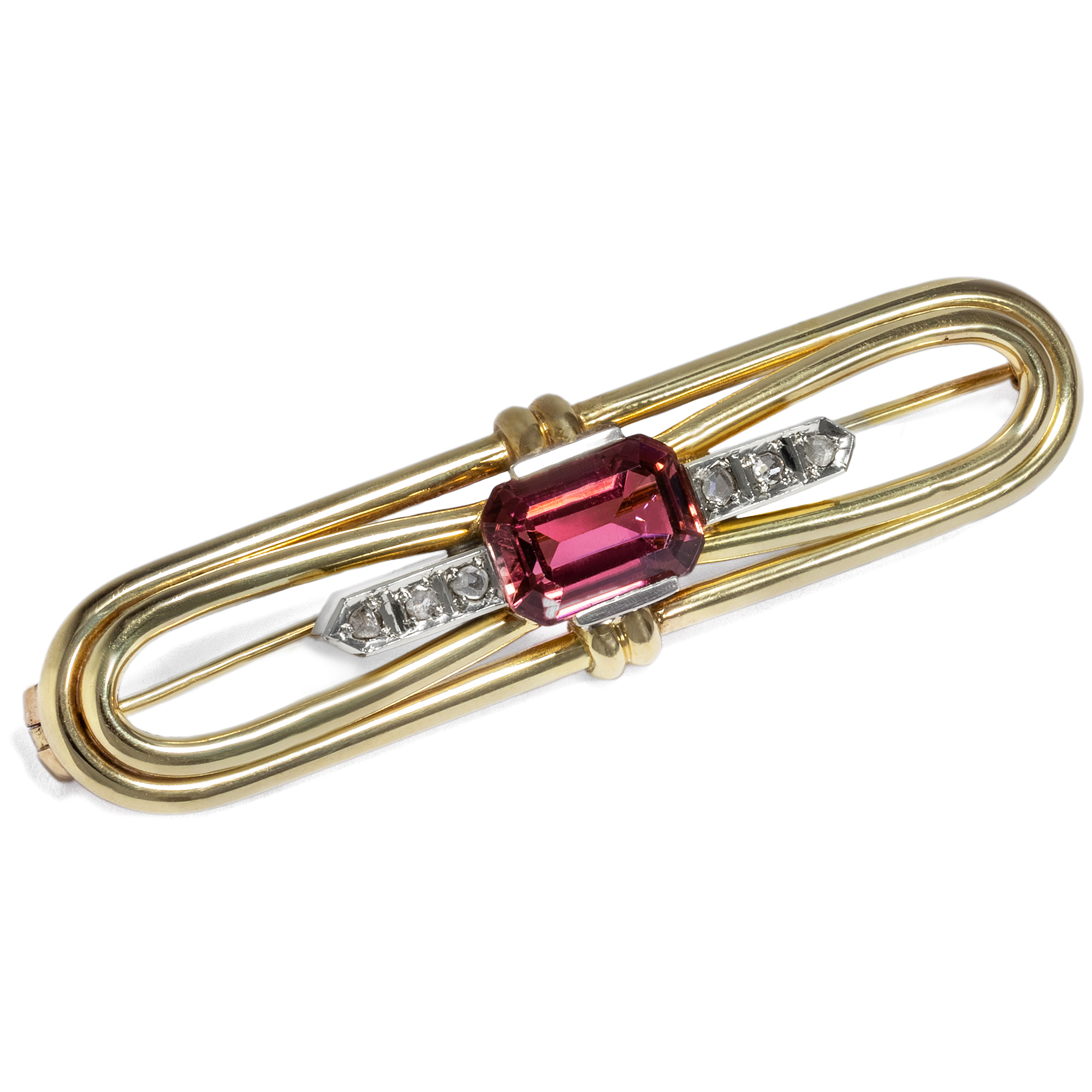 Elegant Vintage Brooch With Tourmaline & Diamonds in Gold, ca. 1950