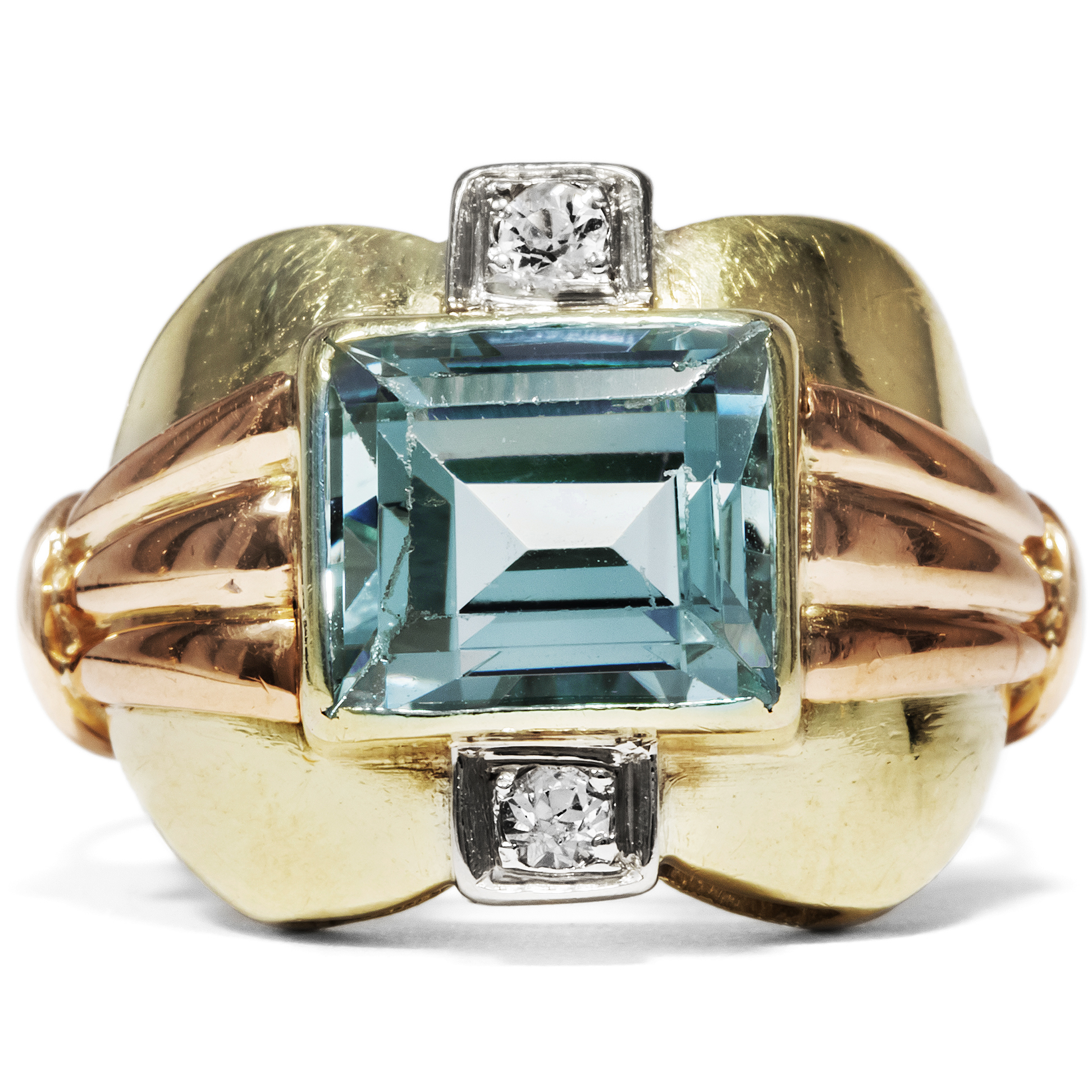 Eleganter Aquamarin-Ring in zweifarbigem Gold, 1930er Jahre