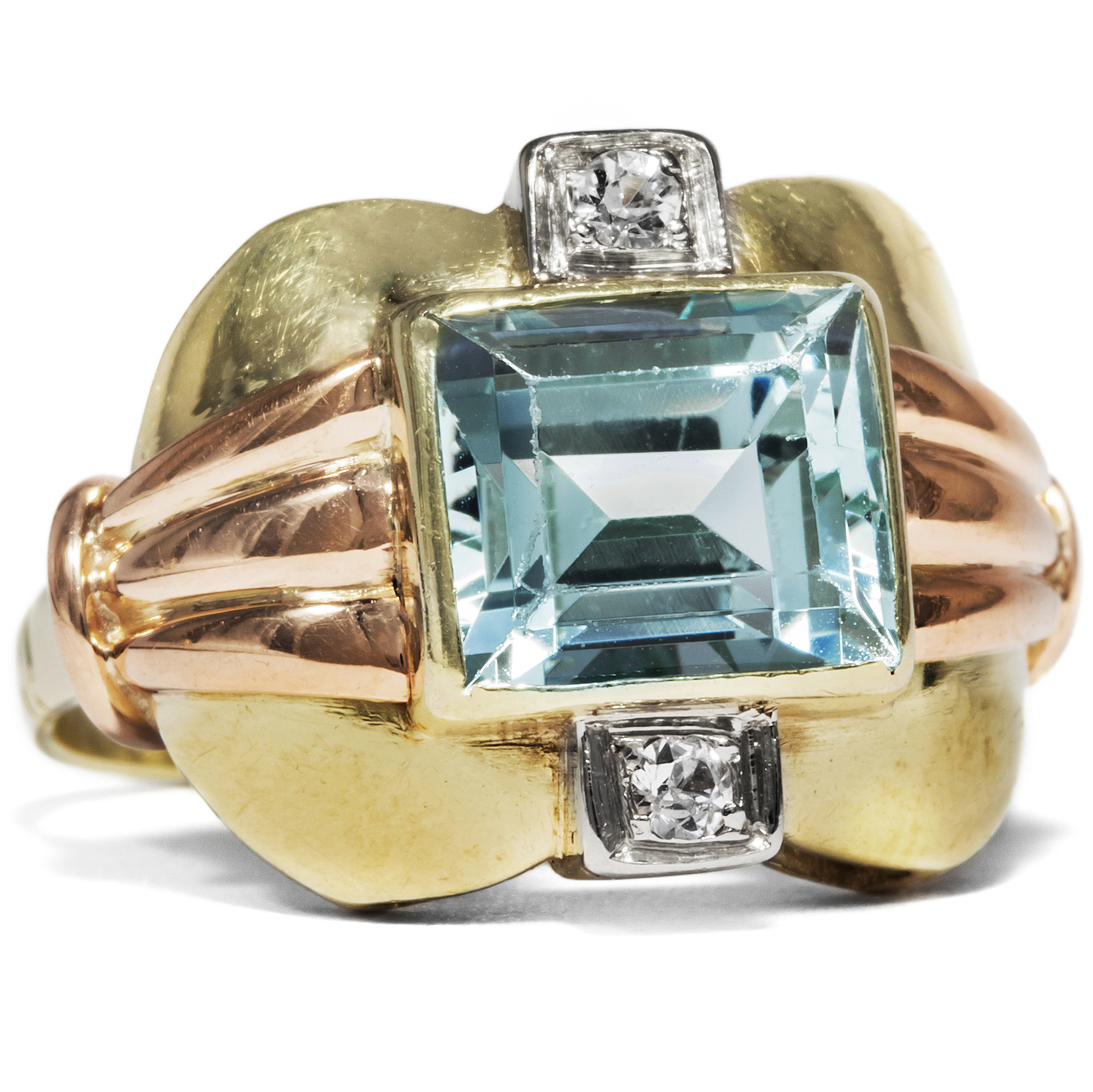 Eleganter Aquamarin-Ring in zweifarbigem Gold, 1930er Jahre