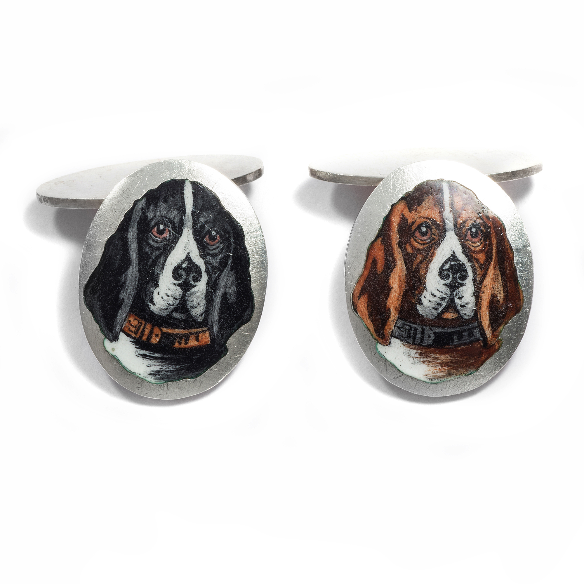 Antique Novelty Cufflinks with Enameled Bassets, circa 1900