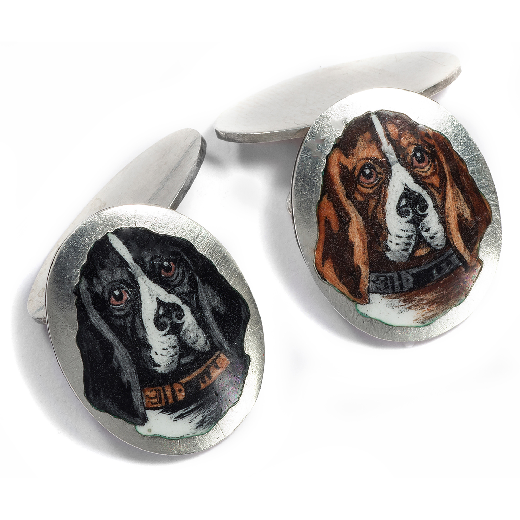 Antique Novelty Cufflinks with Enameled Bassets, circa 1900