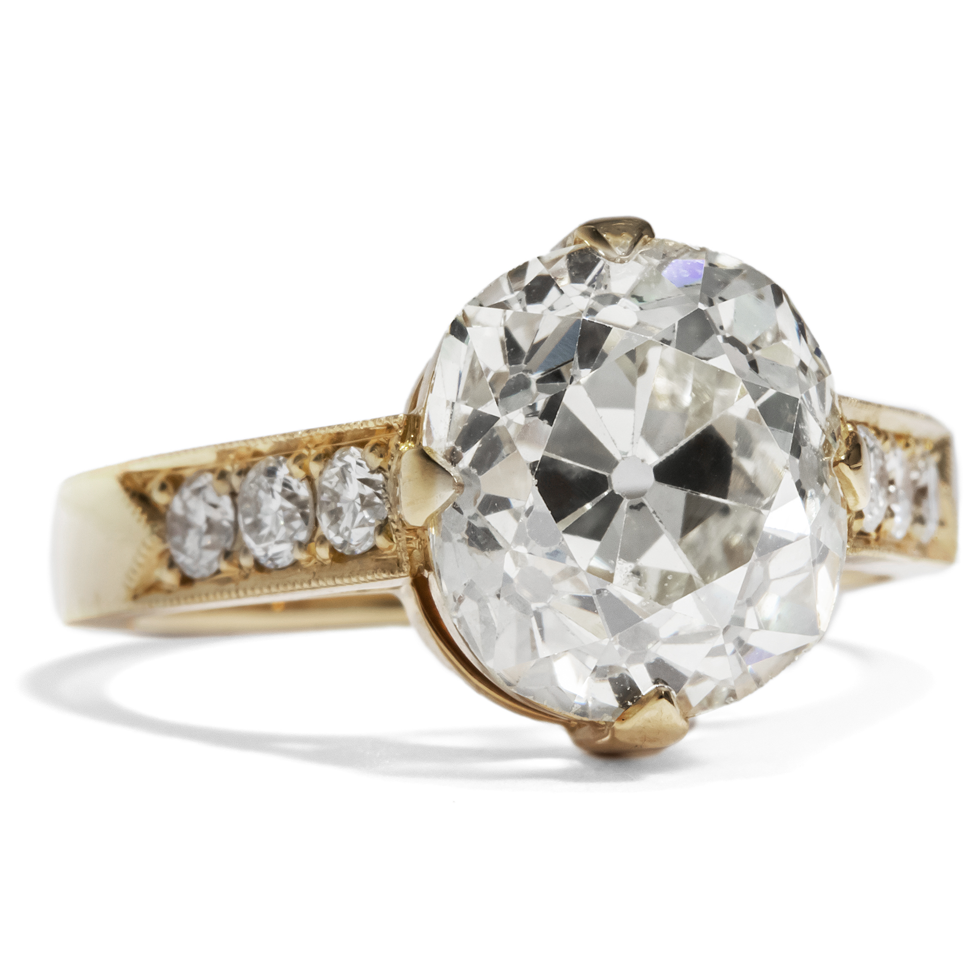 Highly Refined Gold Ring With Antique 5.31 ct Diamond Solitaire, From Our Workshop