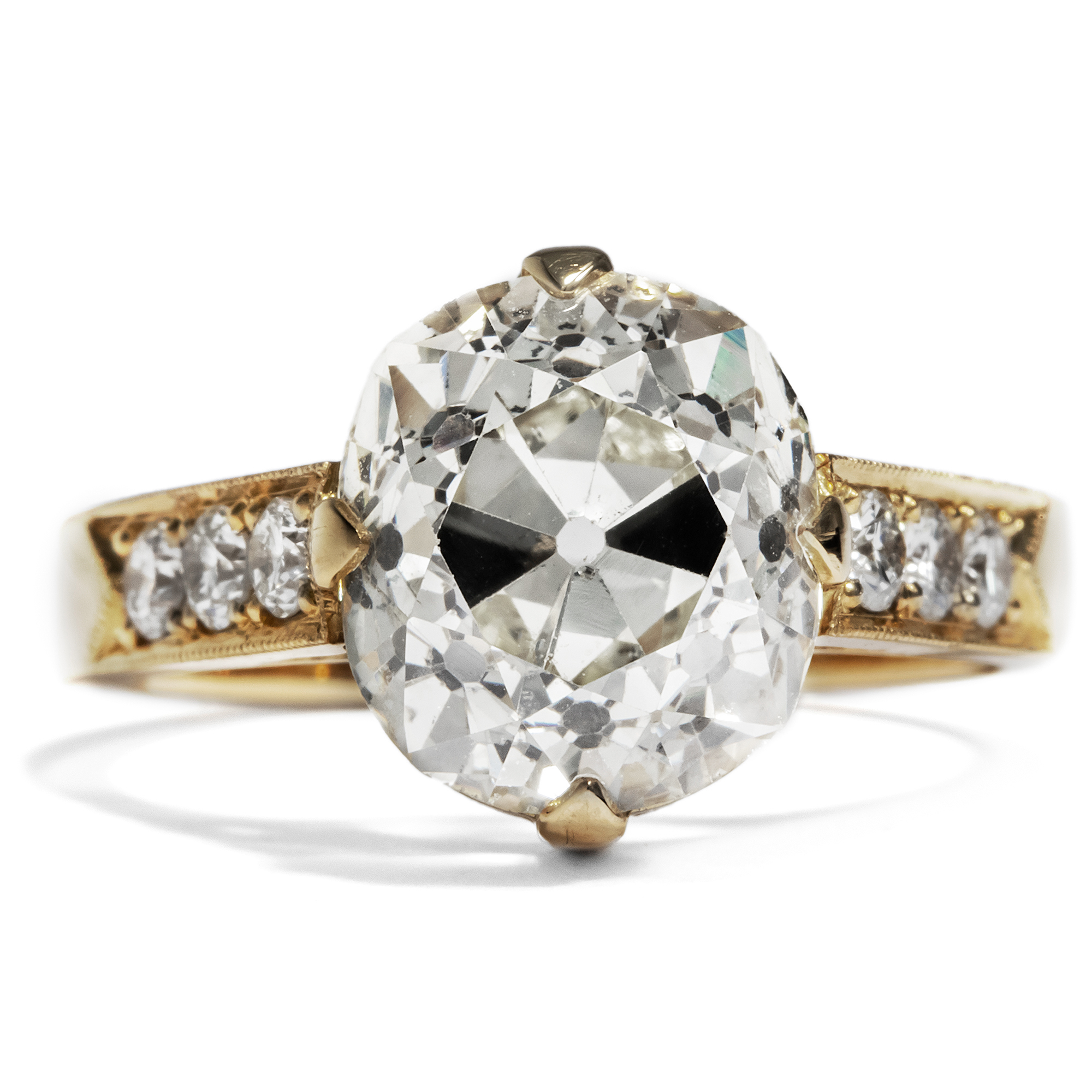 Highly Refined Gold Ring With Antique 5.31 ct Diamond Solitaire, From Our Workshop