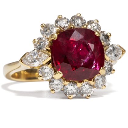 Erstkassiger vintage Entourage-Ring mit Rubin & Diamanten in Gold, um 1985 Erstkassiger vintage Entourage-Ring mit Rubin & Diamanten in Gold, um 1985