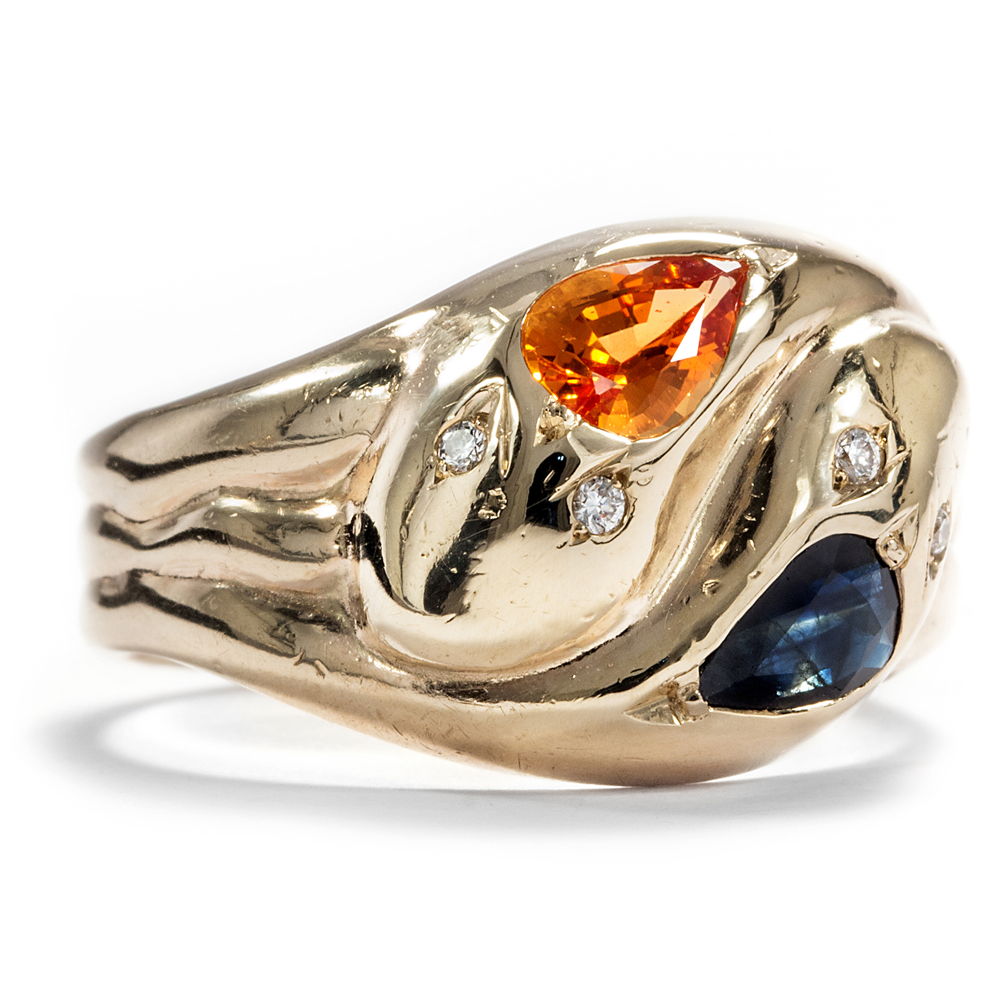 Vintage Schlangenring mit blauem und orangenem Saphir & Diamanten, England um 1950