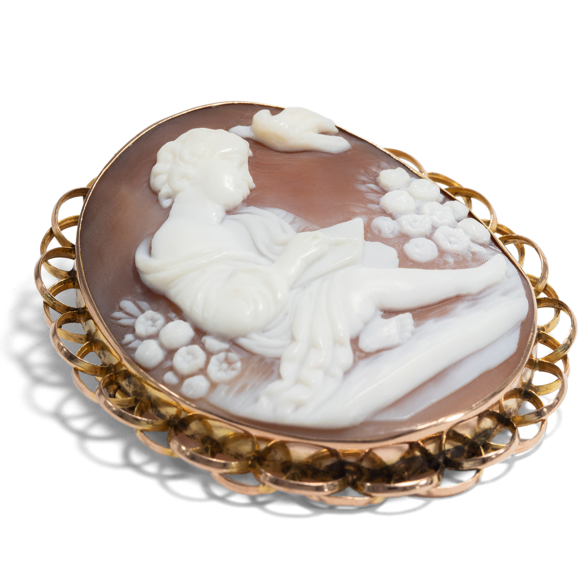 Rare Shell Cameo With the Muse Erato in Gold Setting, England ca. 1890