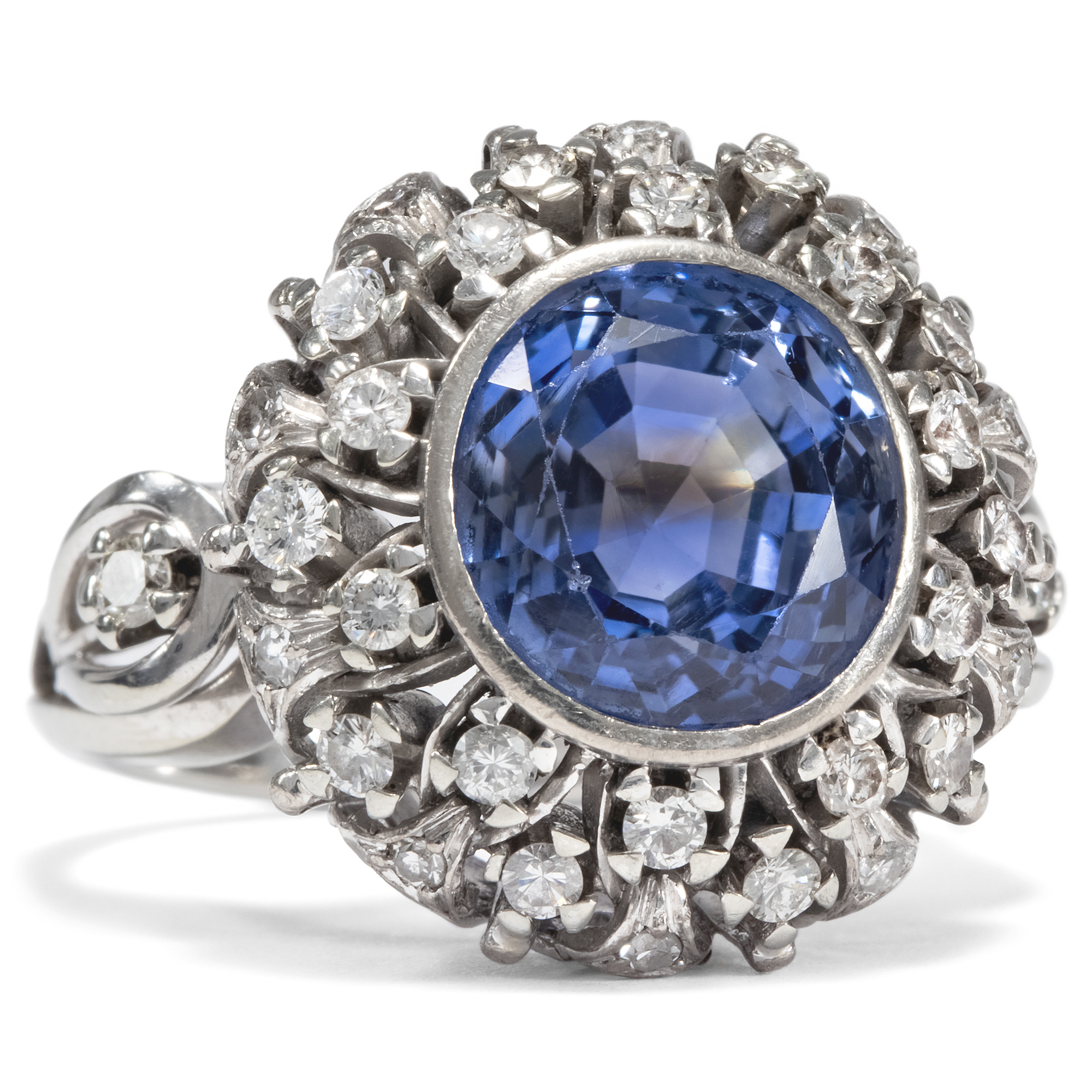 High Quality Vintage Sapphire & Diamond Ring in White Gold, c. 1950s