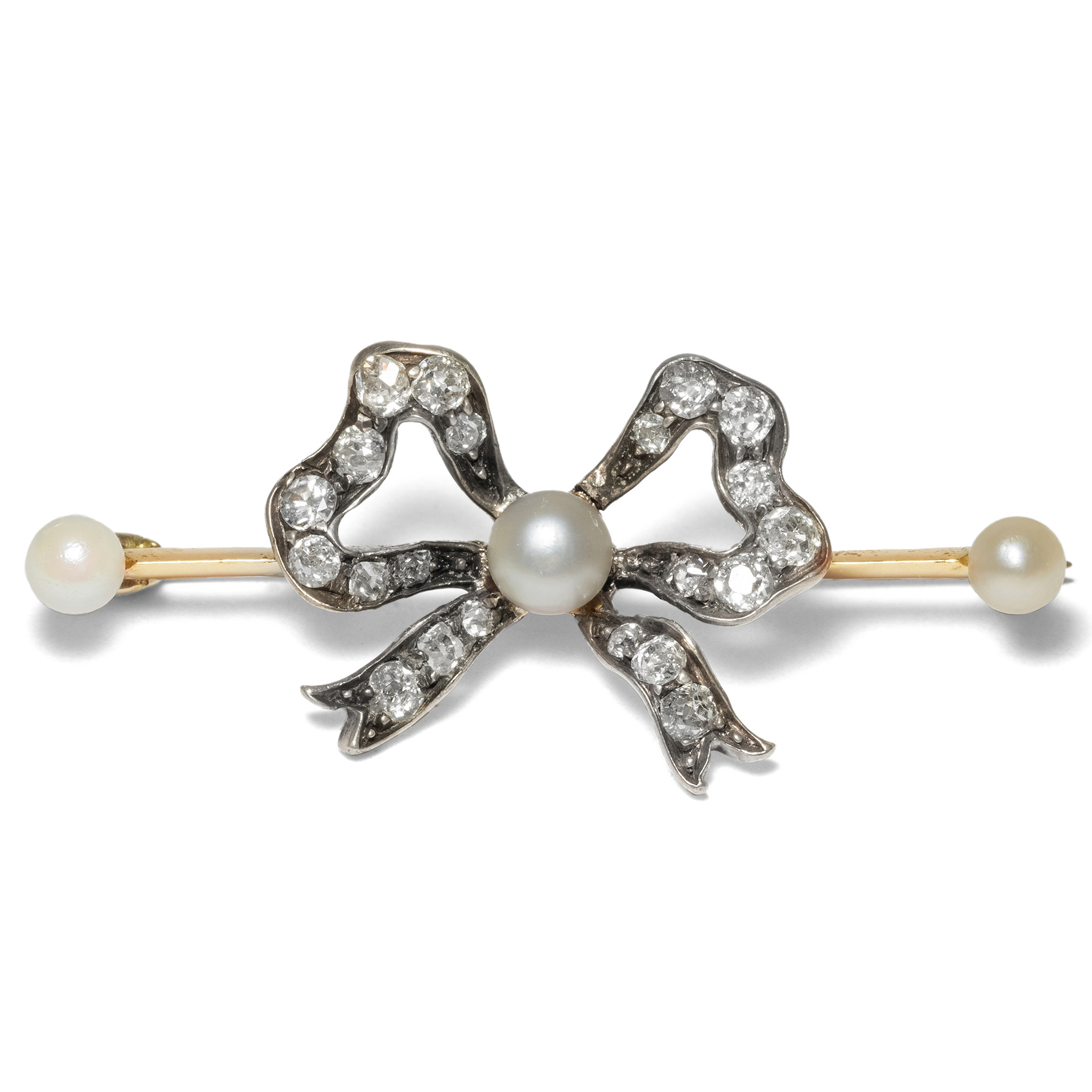 Victorian Gold, Silver, Diamonds & Pearls Bow Brooch, ca. 1890