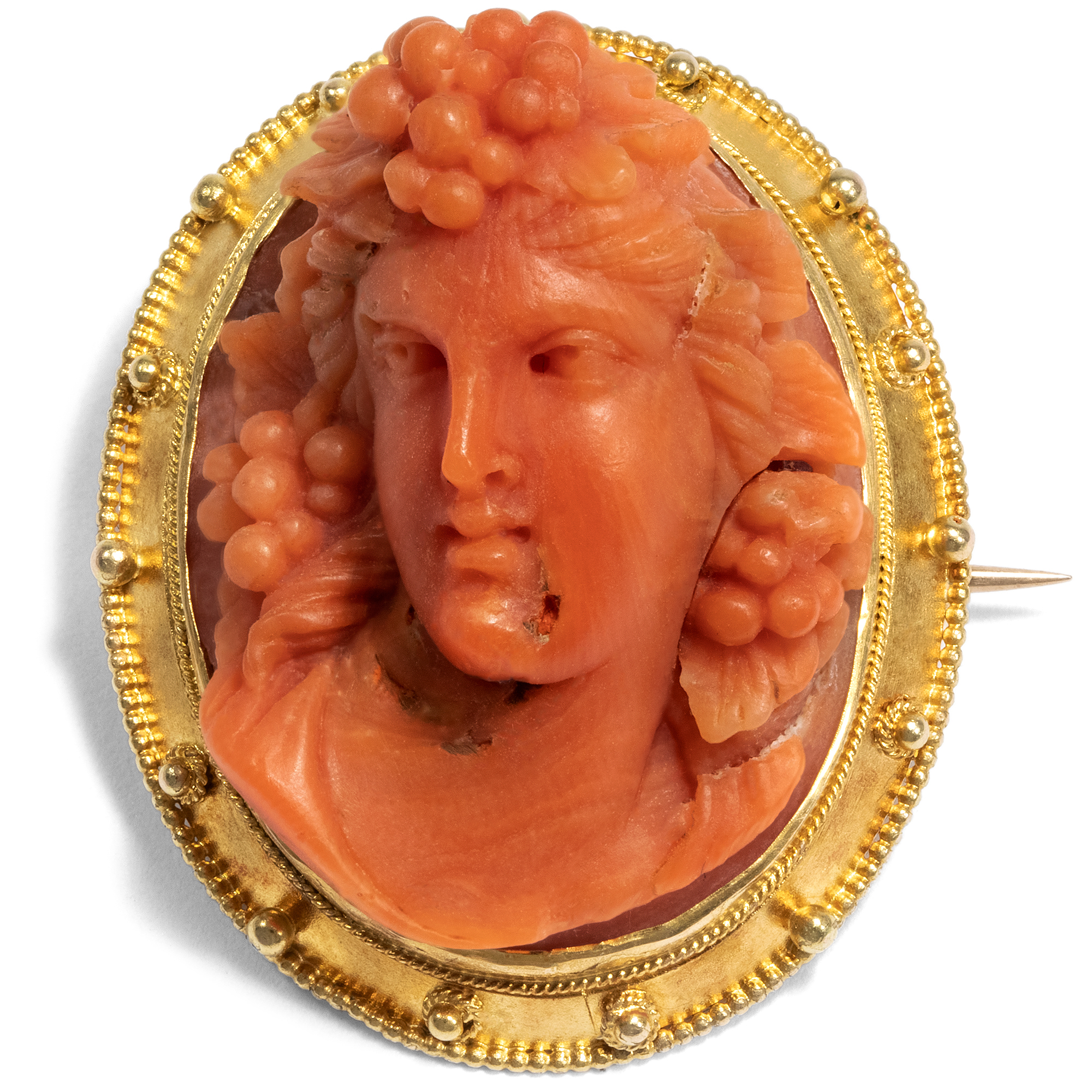 Antique Coral Cameo of a Maenad in Gold, Locket Brooch, Italy ca. 1875