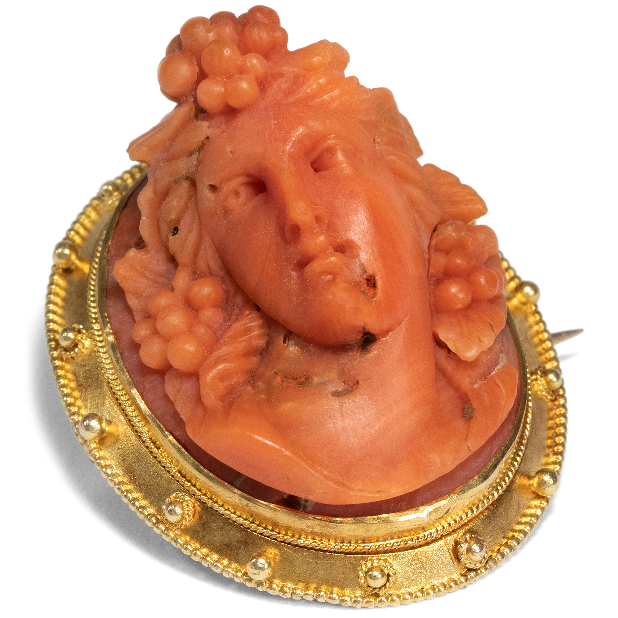 Antique Coral Cameo of a Maenad in Gold, Locket Brooch, Italy ca. 1875