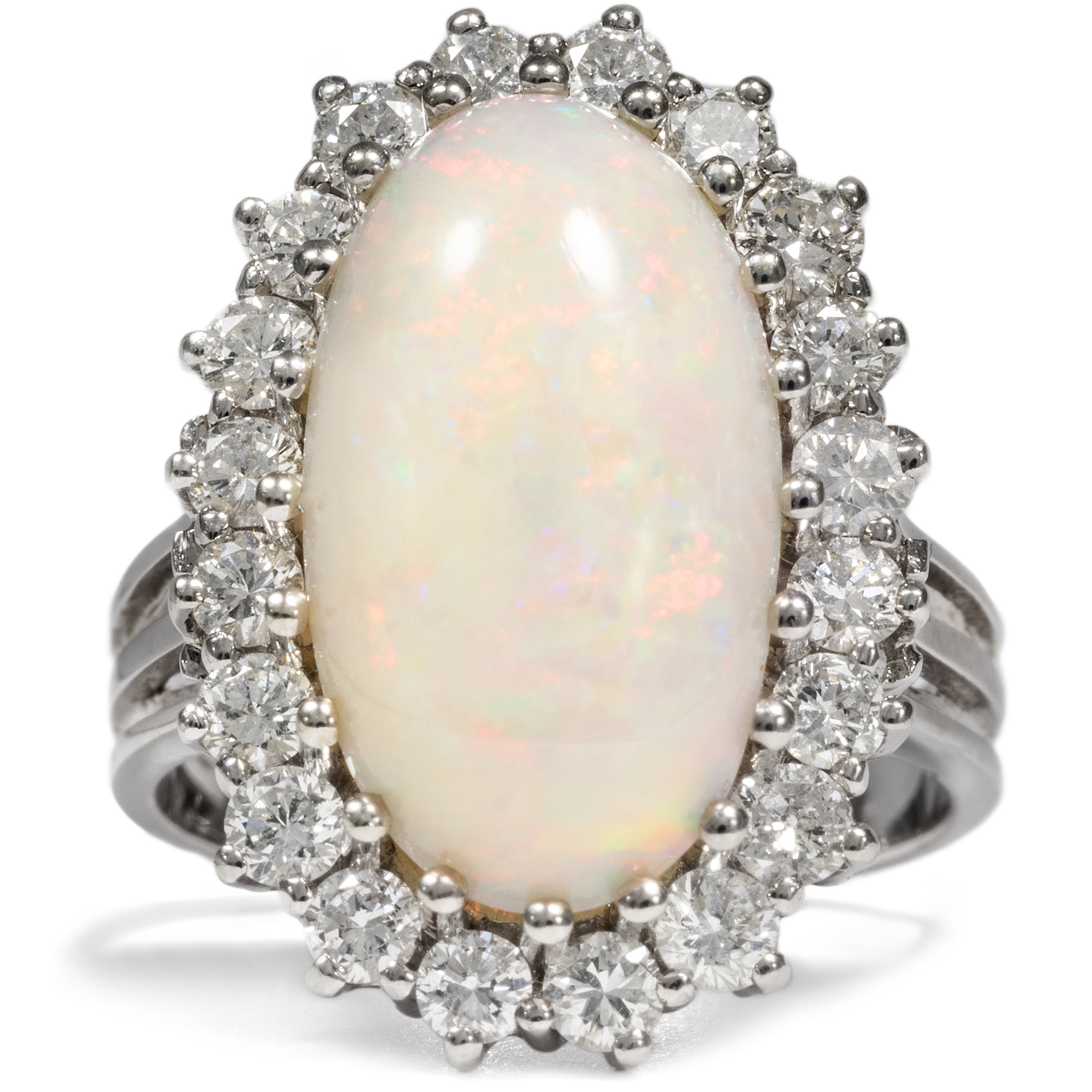 Precious Cocktail Ring With Large Opal & Diamonds in White Gold, ca. 1970