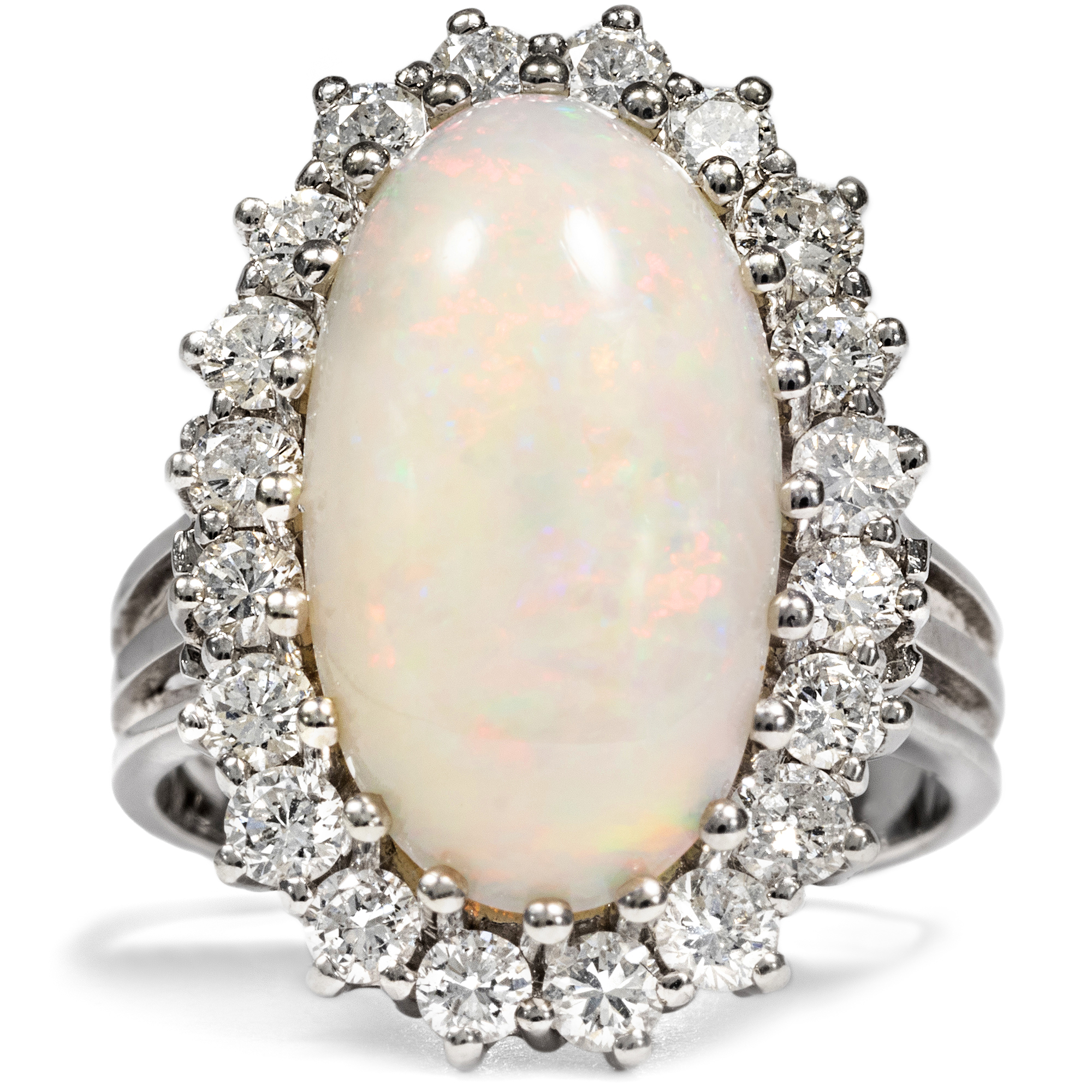 Precious Cocktail Ring With Large Opal & Diamonds in White Gold, ca. 1970