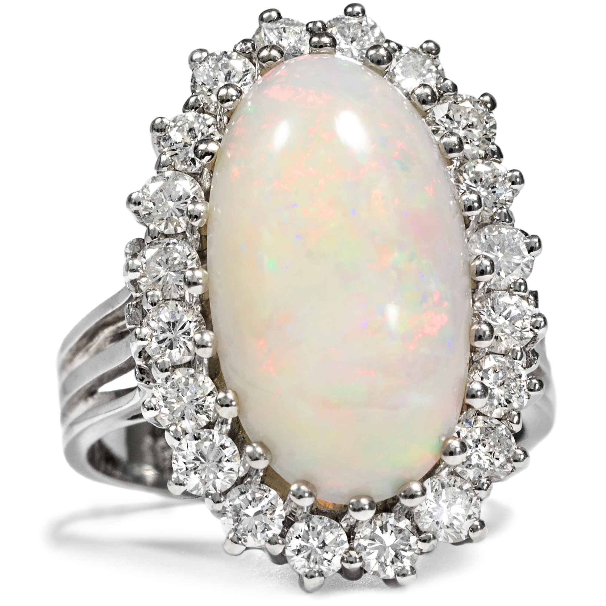 Precious Cocktail Ring With Large Opal & Diamonds in White Gold, ca. 1970