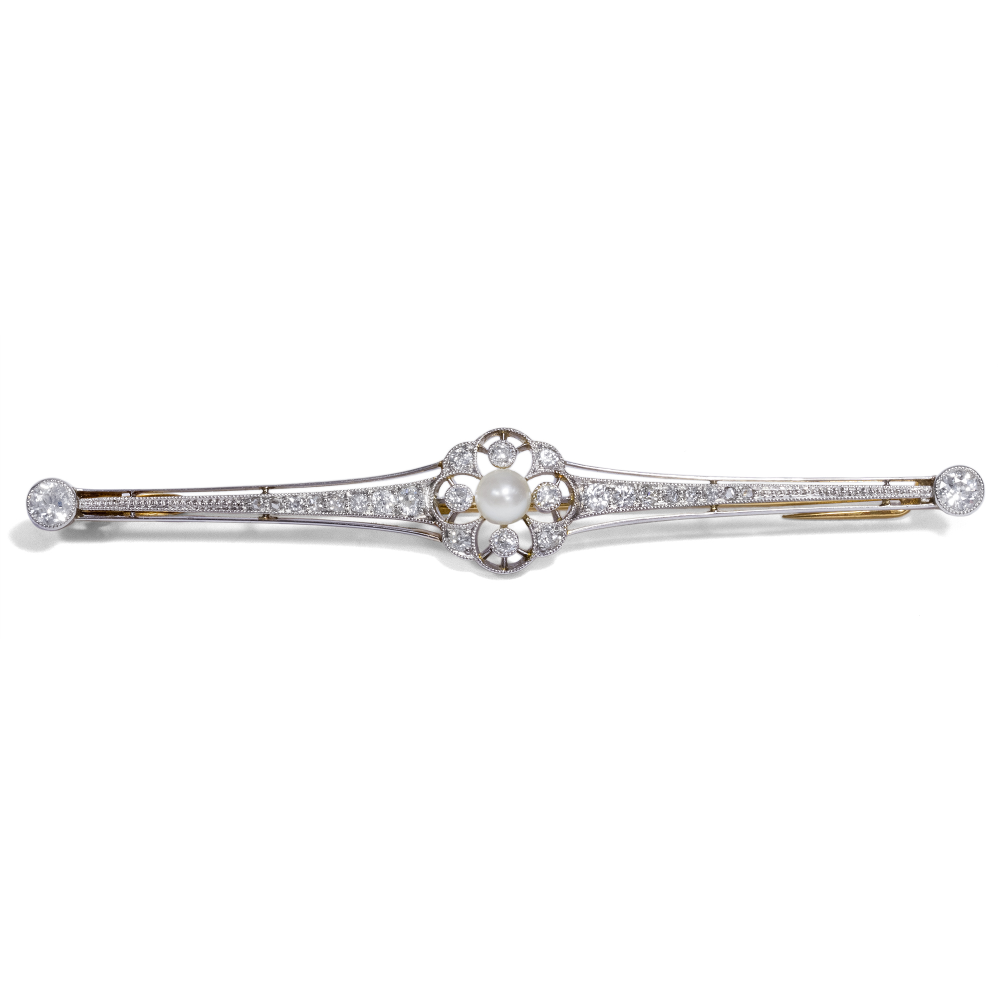 Finely Crafted Bar Brooch With Natural Pearl & Diamonds, ca. 1910