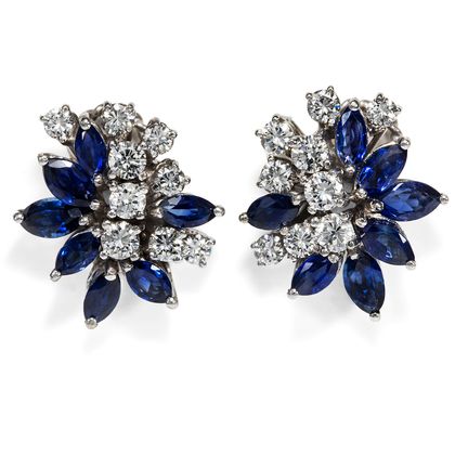 Fabulous cluster earrings with sapphires & diamonds in white gold, ca. 1965 Fabulous cluster earrings with sapphires & diamonds in white gold, ca. 1965