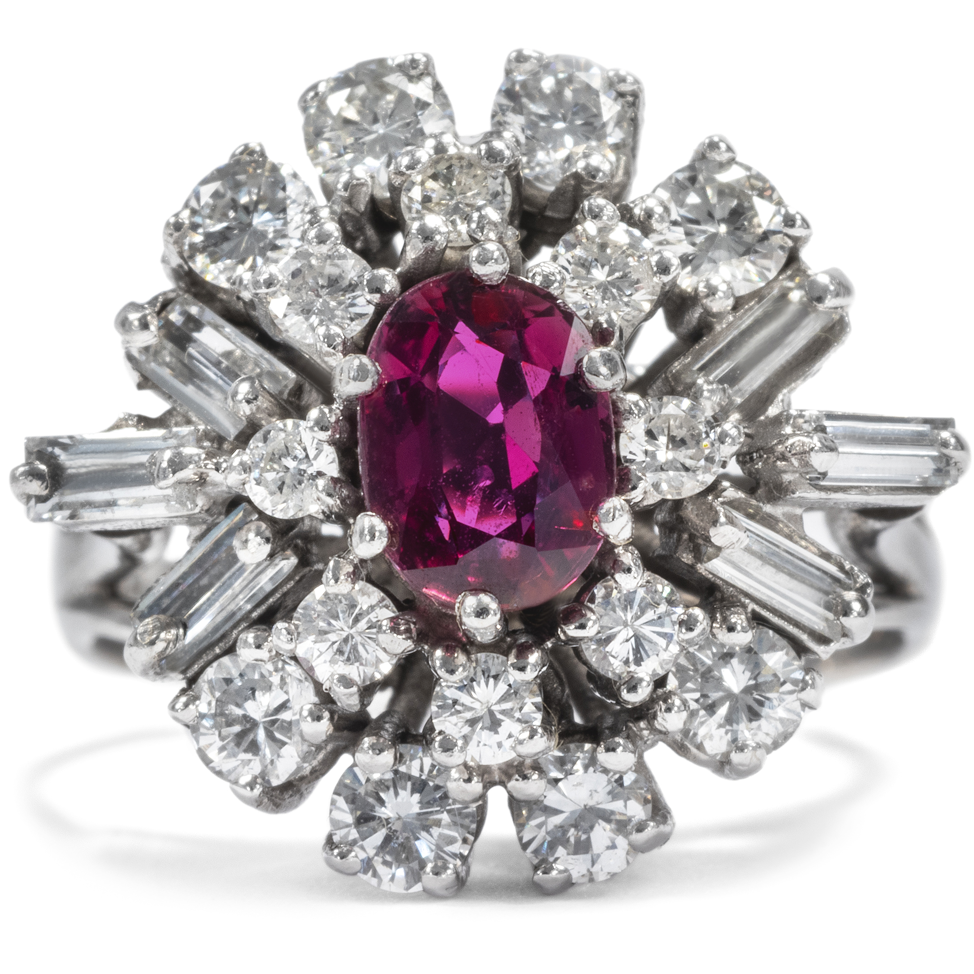 Exciting Vintage White Gold Ring With Ruby & Diamonds, Germany ca. 1975