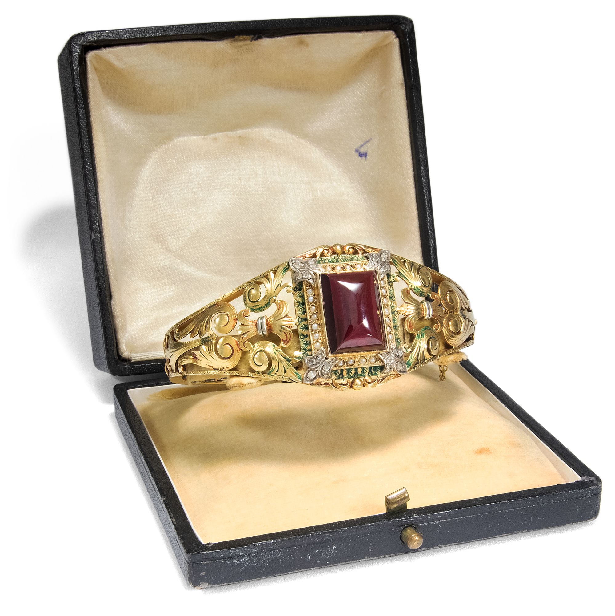 Splendid Gold Bangle With Garnet, Pearls & Diamonds, ca. 1850