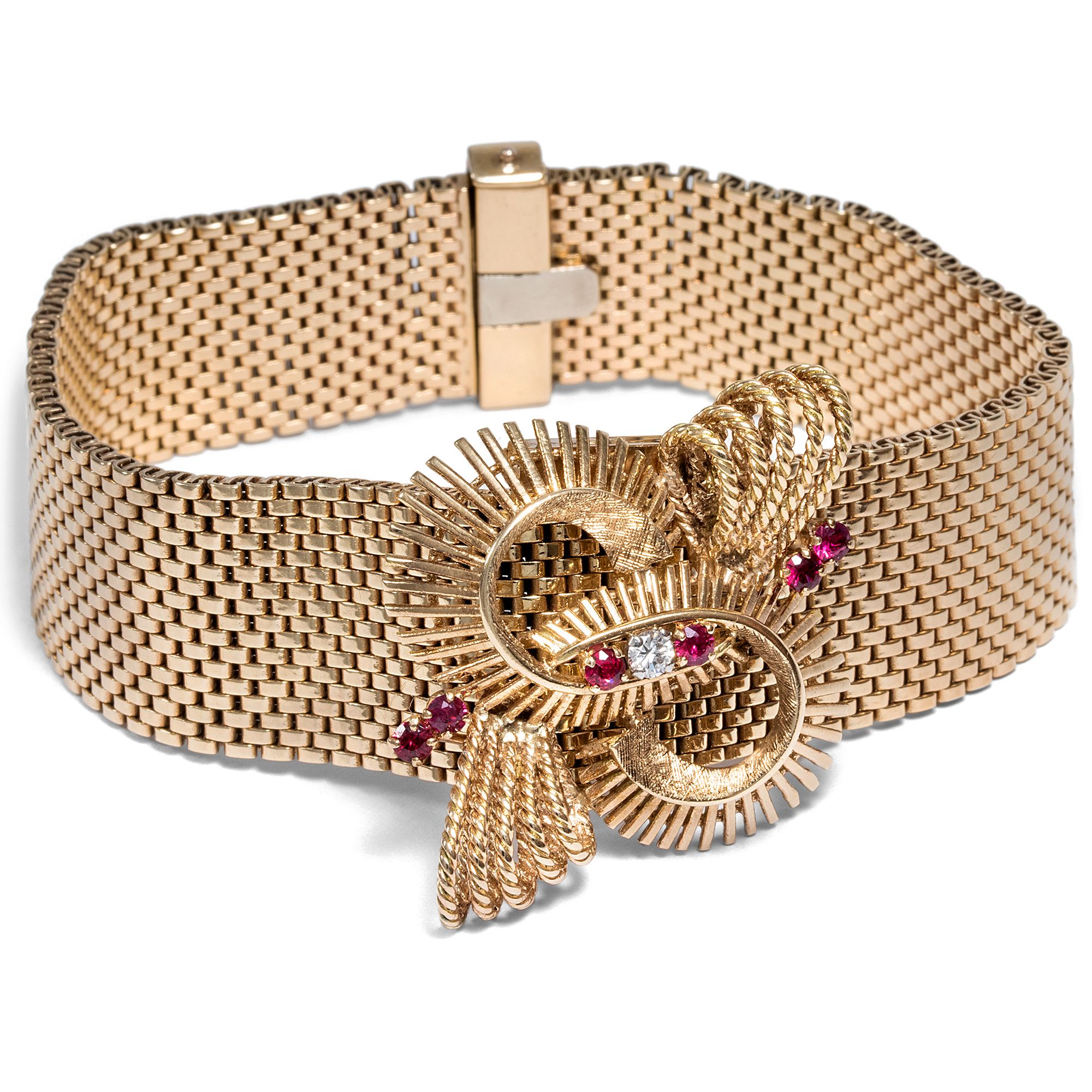 Moonlight gold bracelet with detachable ruby brooch, London 1966