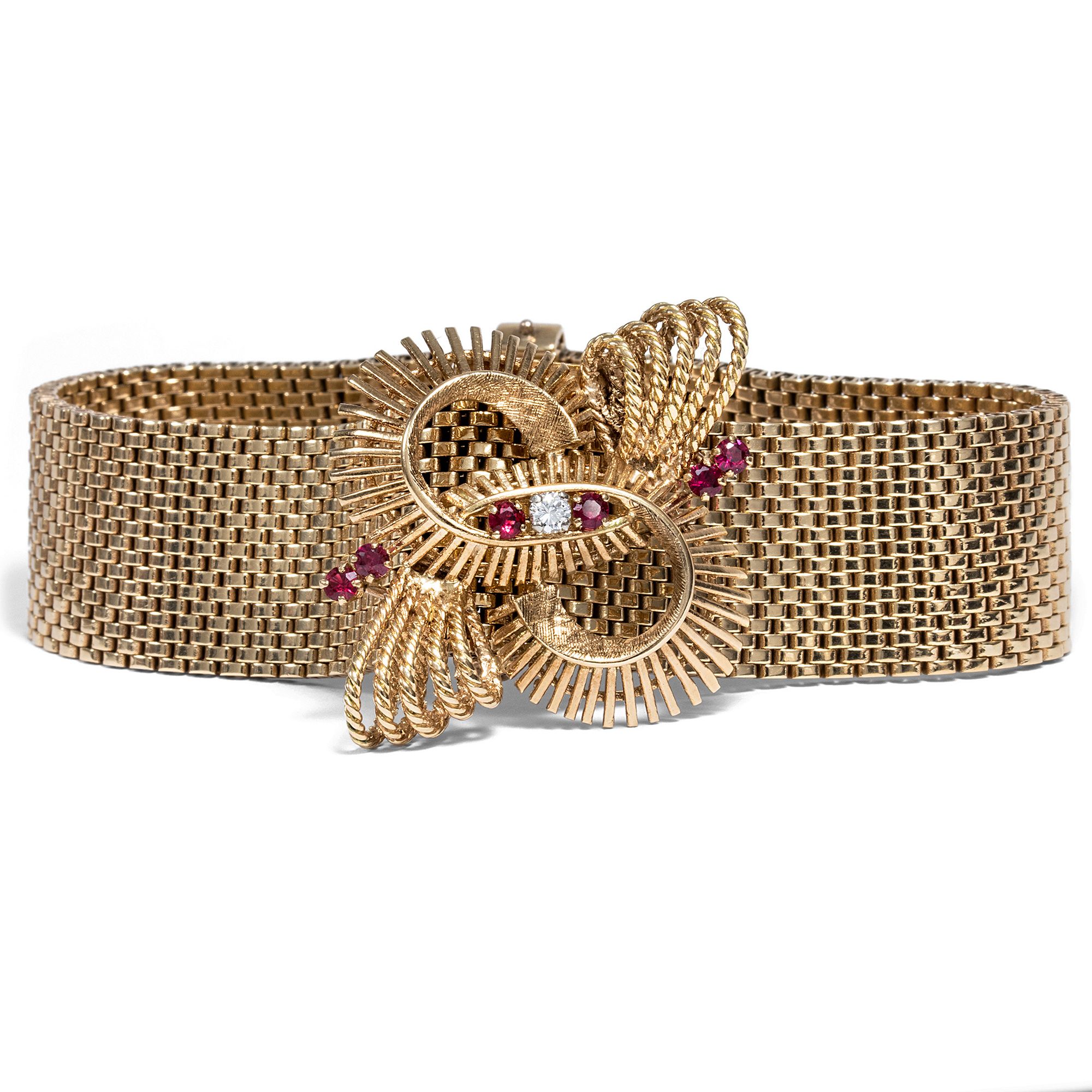 Moonlight gold bracelet with detachable ruby brooch, London 1966