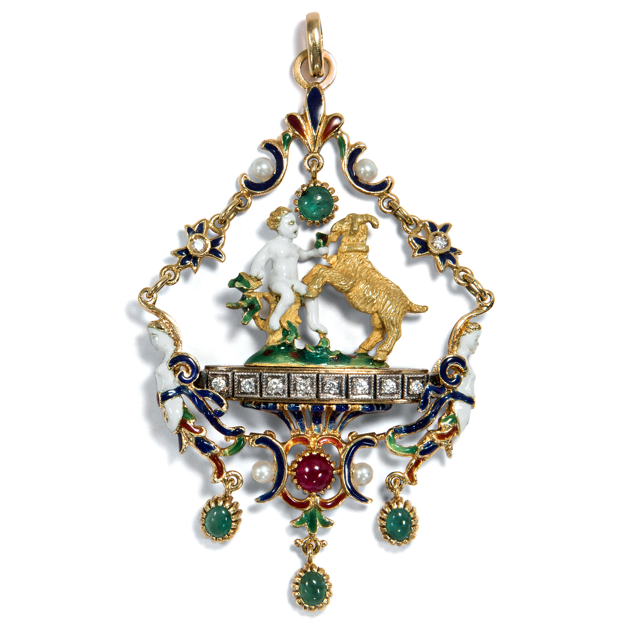 Large Enamel Pendant in Holbein Style With Diamonds, Pearls & Emeralds, Italy ca. 2000