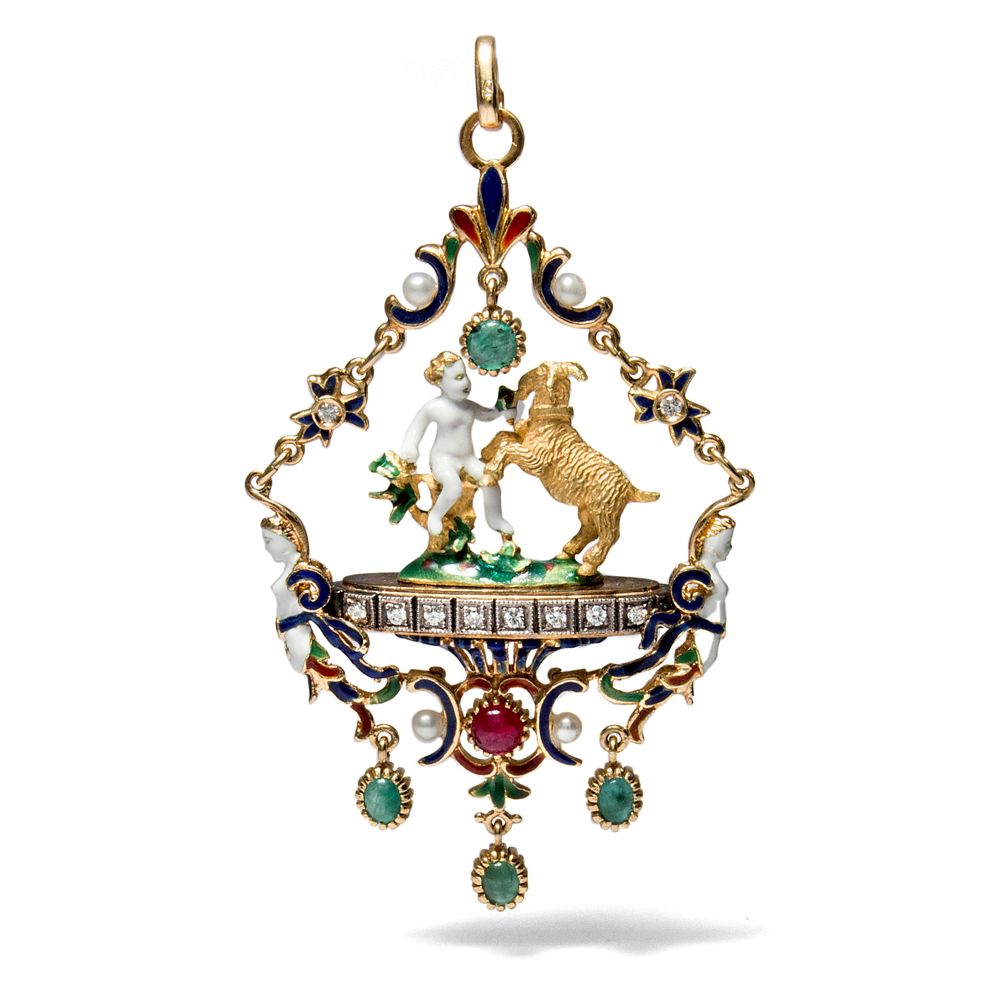 Large Enamel Pendant in Holbein Style With Diamonds, Pearls & Emeralds, Italy ca. 2000