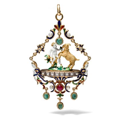 Großer Email-Anhänger im Holbein-Stil mit Diamanten, Perlen & Smaragden, Italien um 2000 Großer Email-Anhänger im Holbein-Stil mit Diamanten, Perlen & Smaragden, Italien um 2000