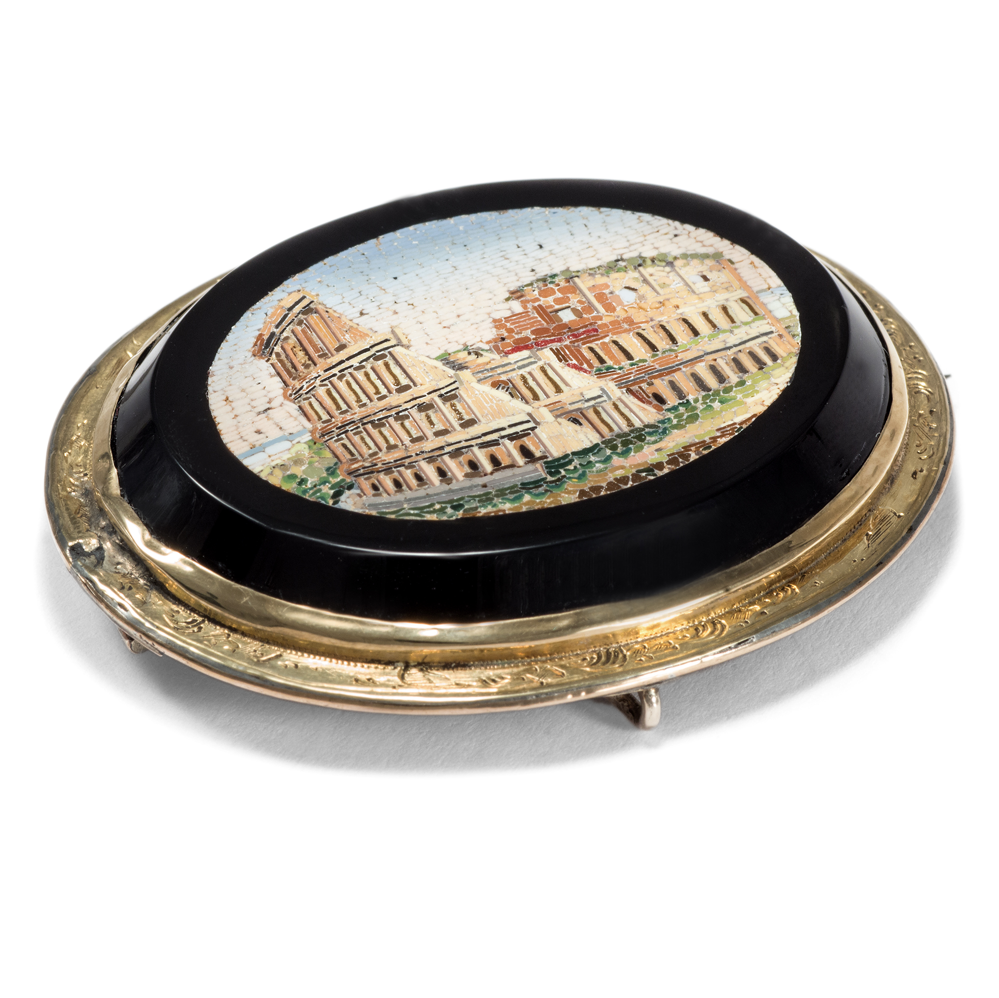 Wunderbare Grand Tour-Brosche mit Mikromosaik des Colosseums, Rom um 1850 Wunderbare Grand Tour-Brosche mit Mikromosaik des Colosseums, Rom um 1850