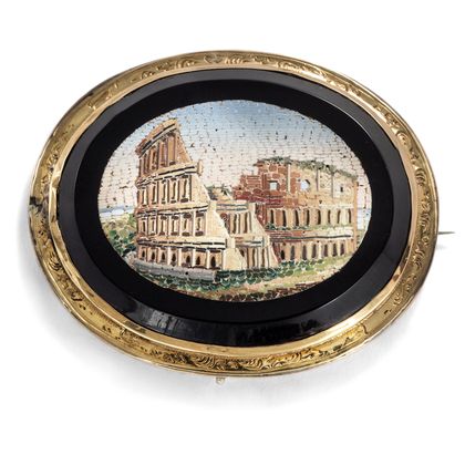 Wunderbare Grand Tour-Brosche mit Mikromosaik des Colosseums, Rom um 1850 Wunderbare Grand Tour-Brosche mit Mikromosaik des Colosseums, Rom um 1850