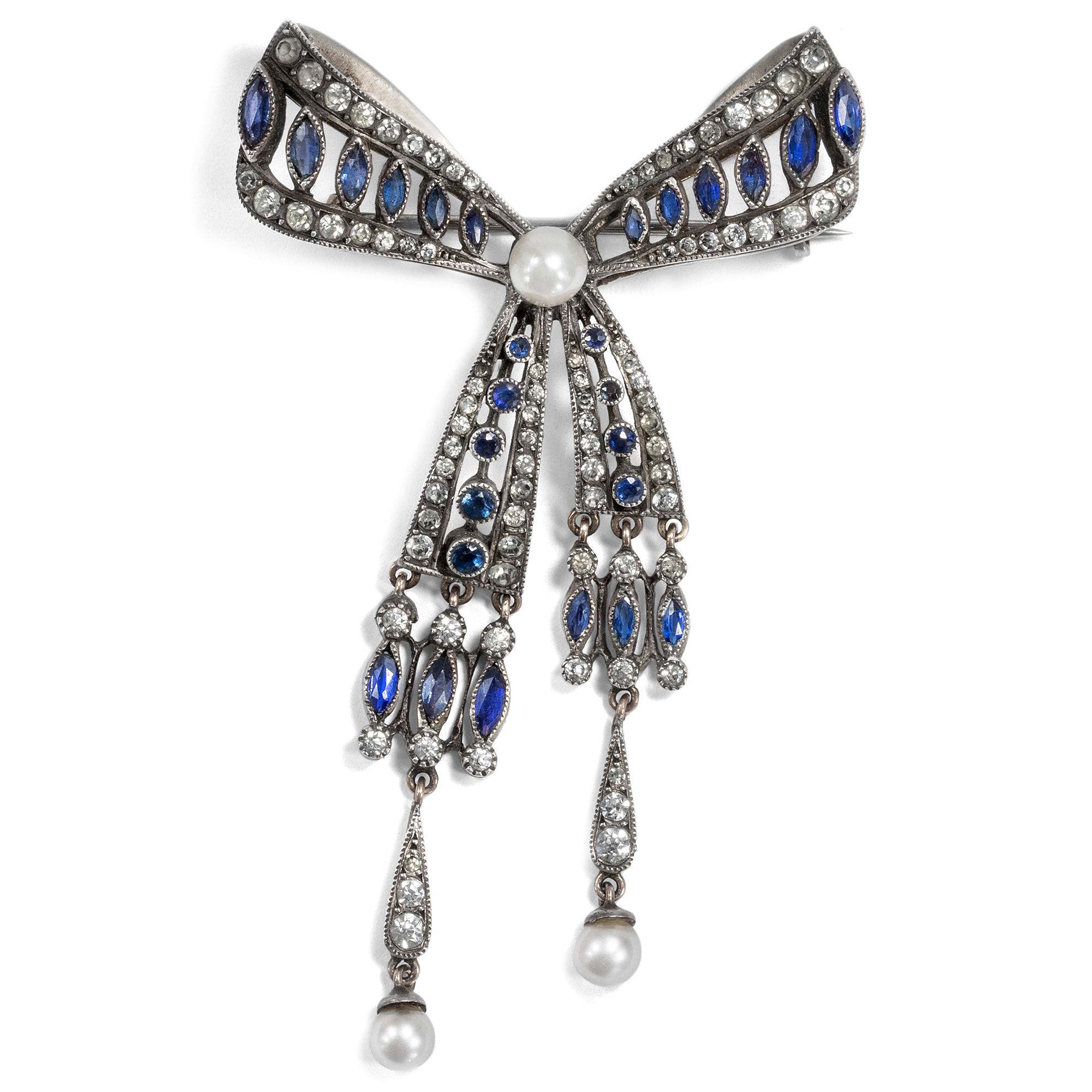 Elegant Bow Brooch With Sapphire Blue & White Glass Pastes, Around 1920