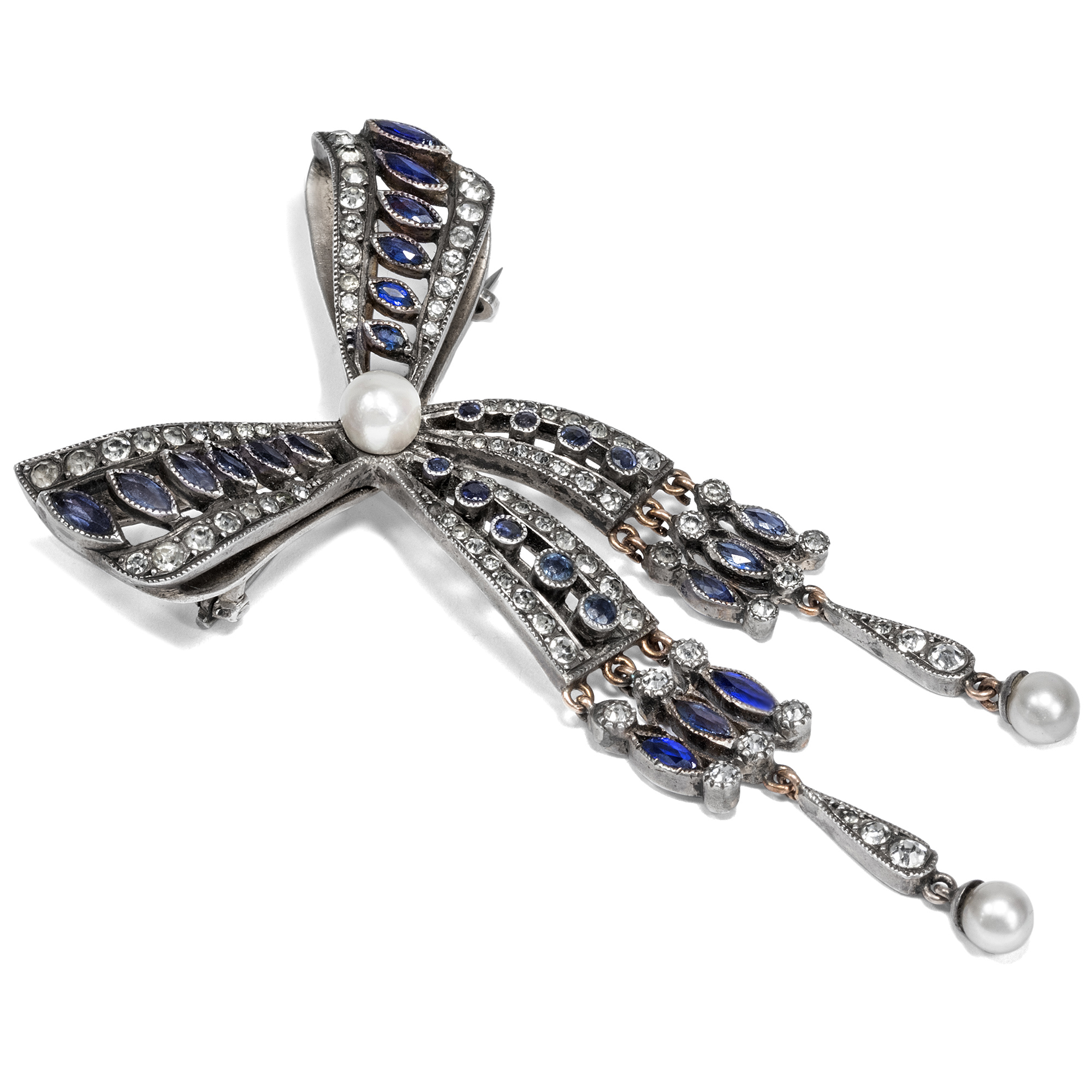 Elegant Bow Brooch With Sapphire Blue & White Glass Pastes, Around 1920