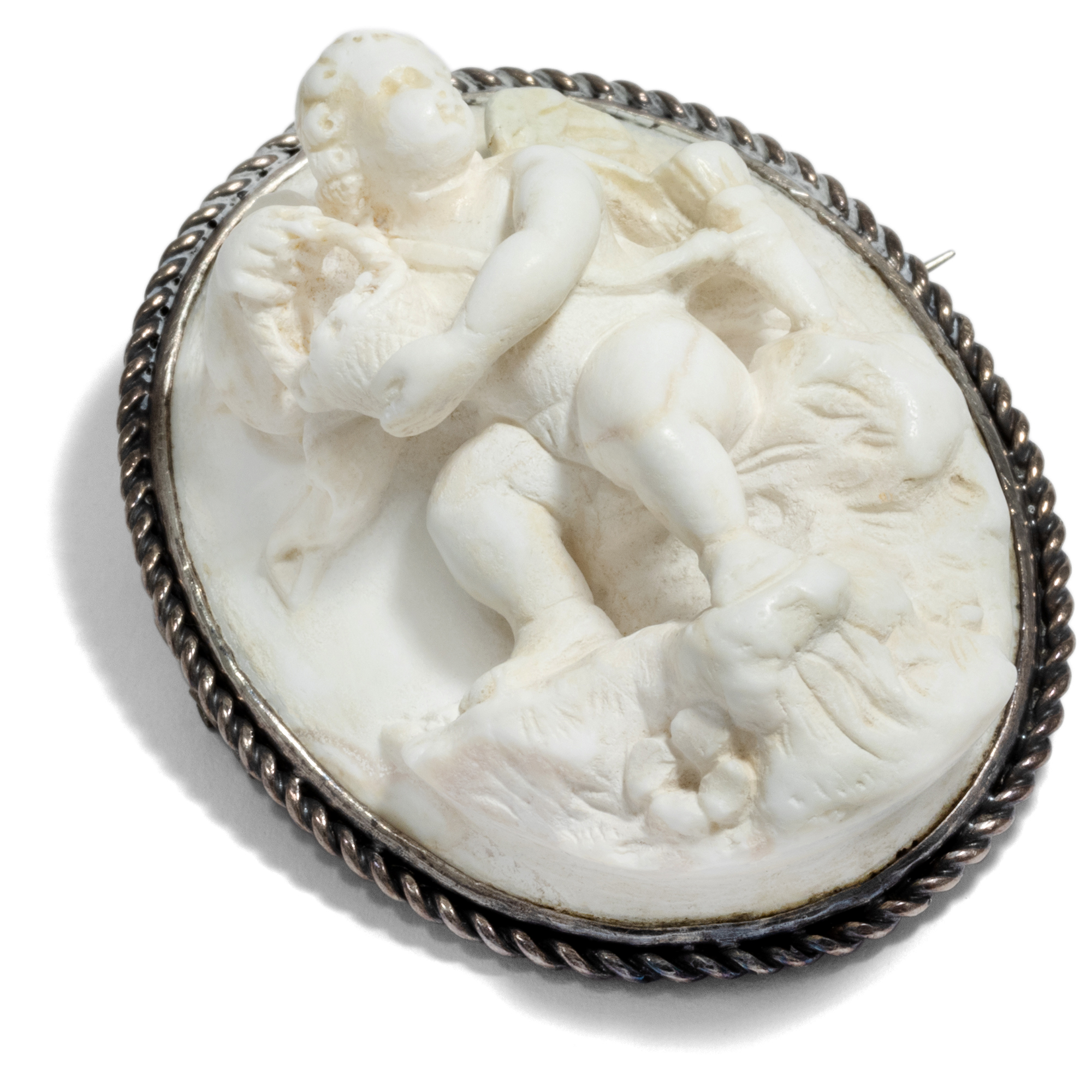 Antique Lava Cameo in Three-Dimensional Cut as Brooch, Around 1890