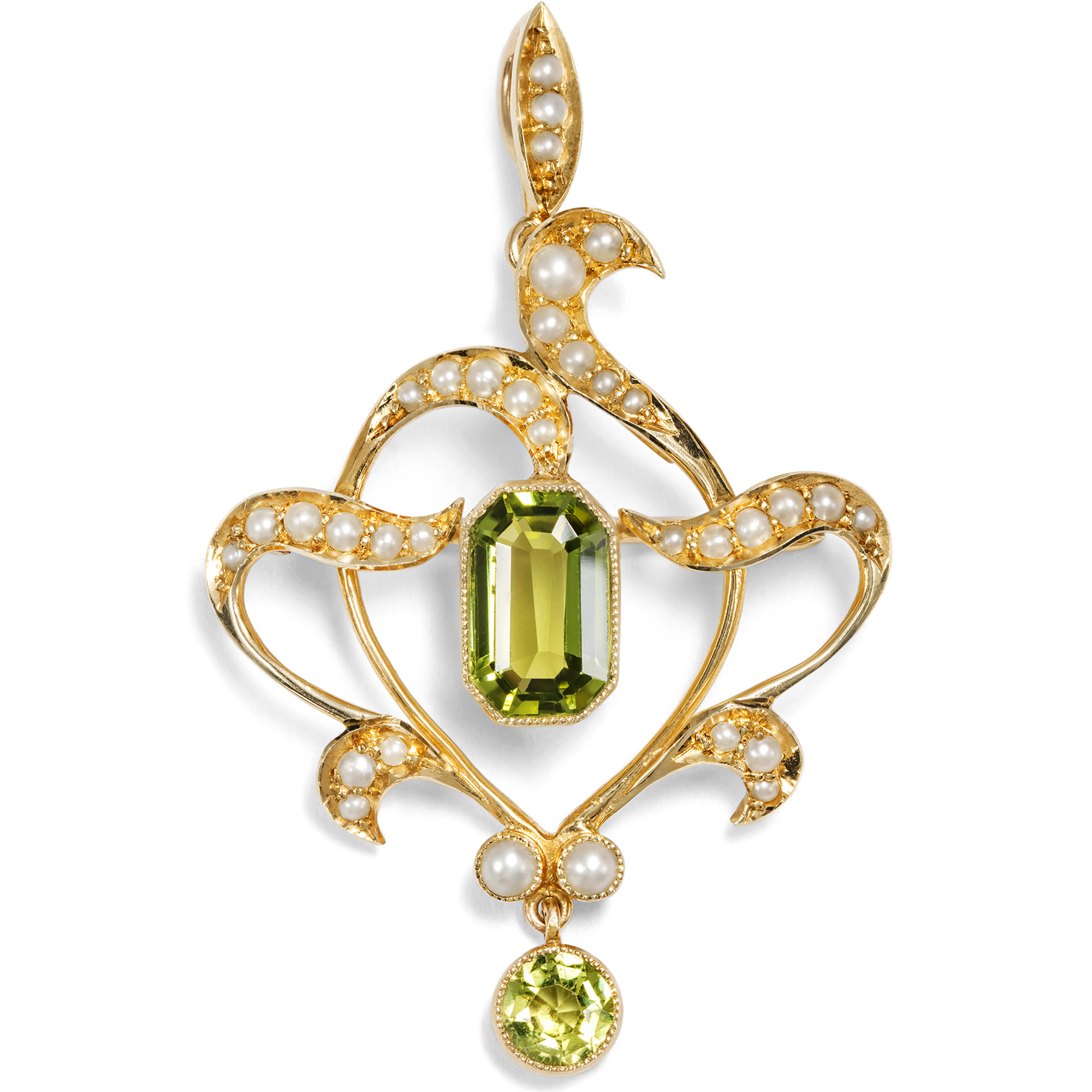 Antique Gold Pendant-Brooch with Peridot & Pearls, Great Britain c. 1900 Antique Gold Pendant-Brooch with Peridot & Pearls, Great Britain c. 1900