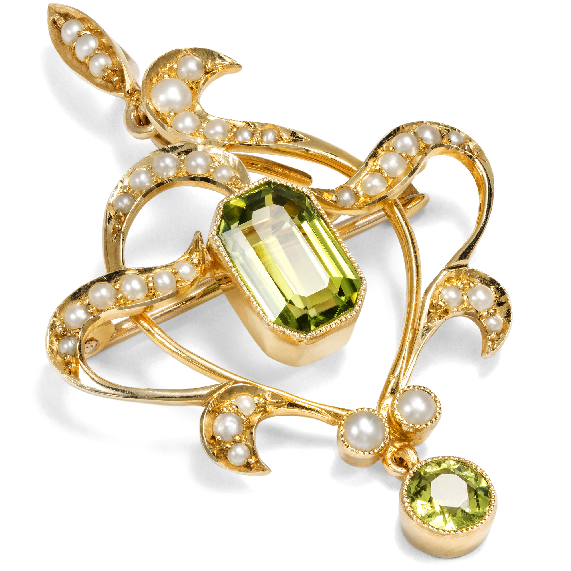 Antique Gold Pendant-Brooch with Peridot & Pearls, Great Britain c. 1900 Antique Gold Pendant-Brooch with Peridot & Pearls, Great Britain c. 1900