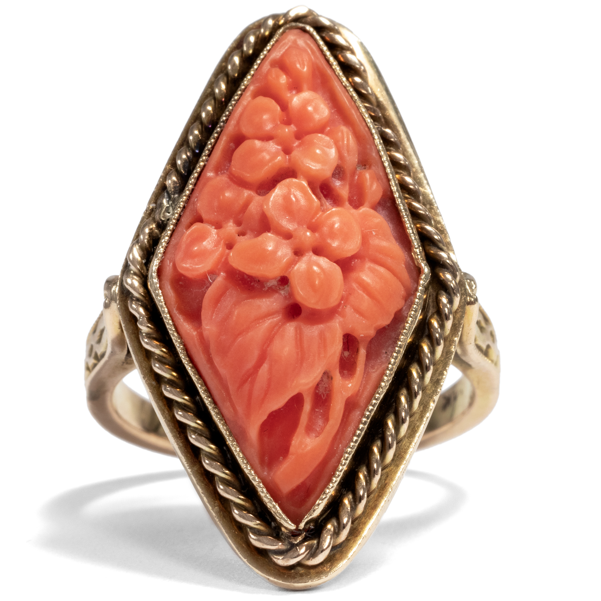 Vintage Gold Ring With Floral Carved Coral, China Mid-20th Century