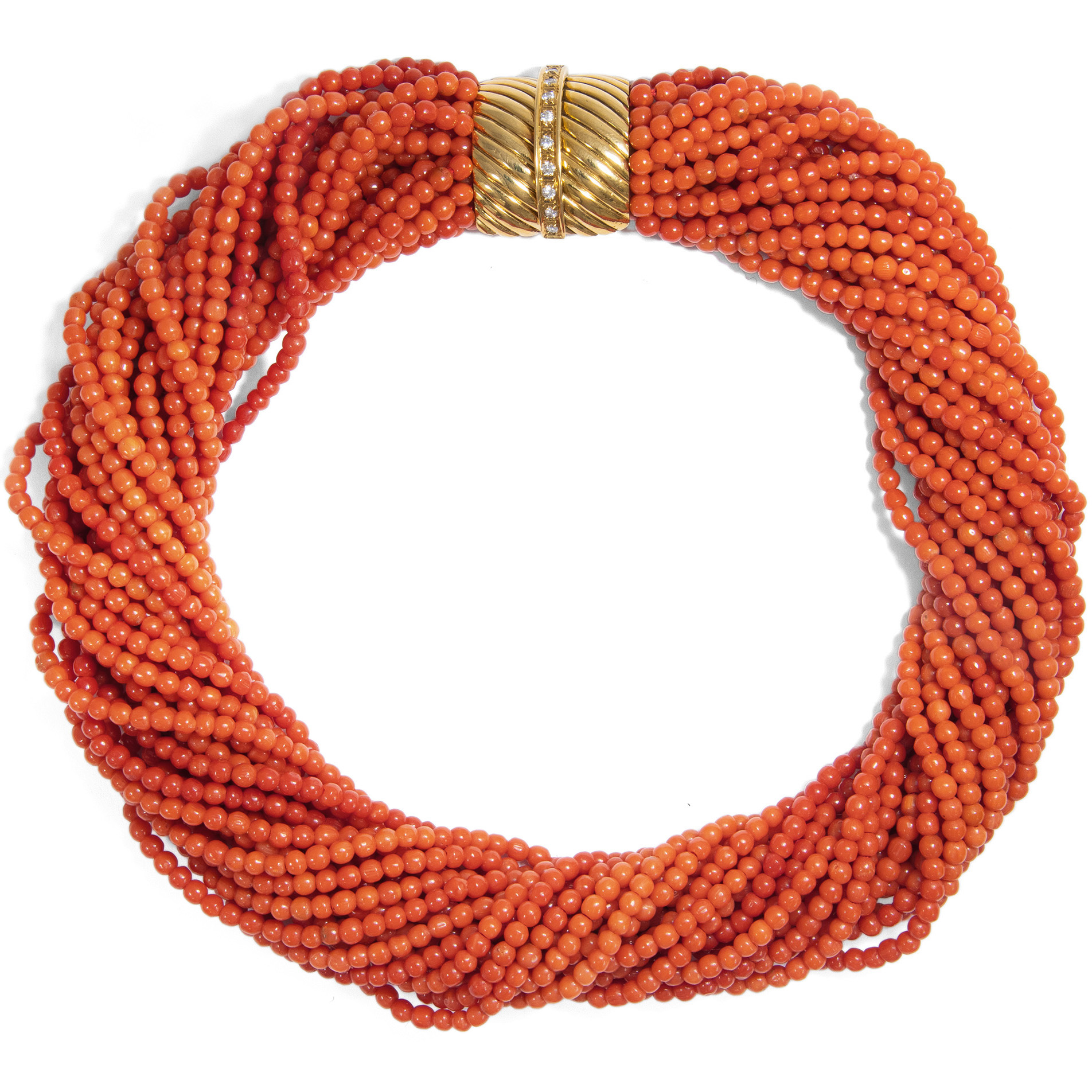 Impressive Vintage Mediterranean Coral Necklace with Diamond Clasp, c. 1985