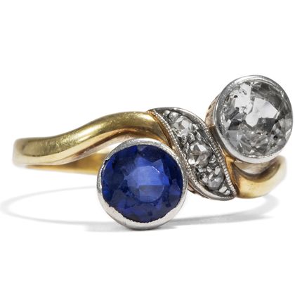 Romantic antique ring with old cut diamond & blue sapphire, around 1910 Romantic antique ring with old cut diamond & blue sapphire, around 1910