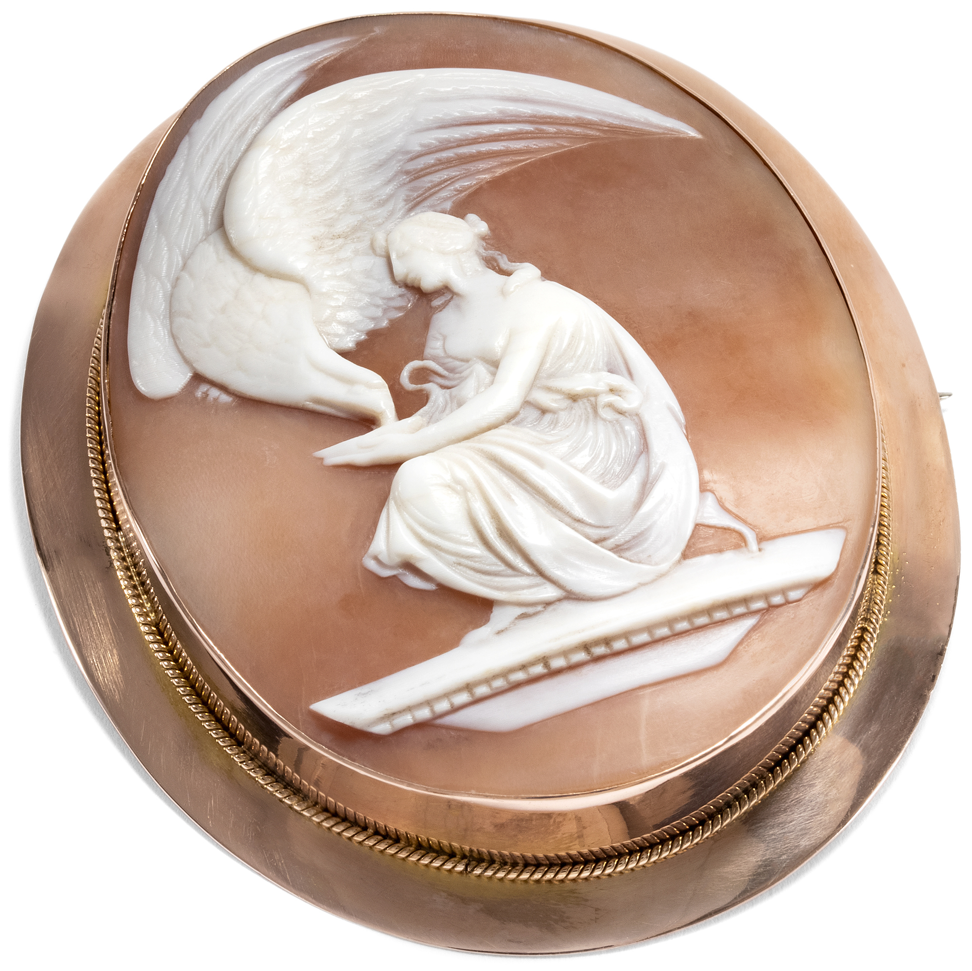 Large Antique Shell Cameo of Hebe in Red Gold, ca. 1865