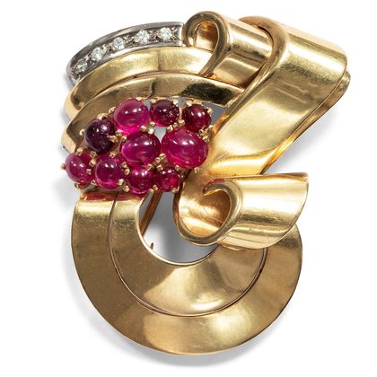 Pariser Clip-Brosche des späten Art Déco mit Rubin- und Diamantbesatz, 1940er Jahre Pariser Clip-Brosche des späten Art Déco mit Rubin- und Diamantbesatz, 1940er Jahre