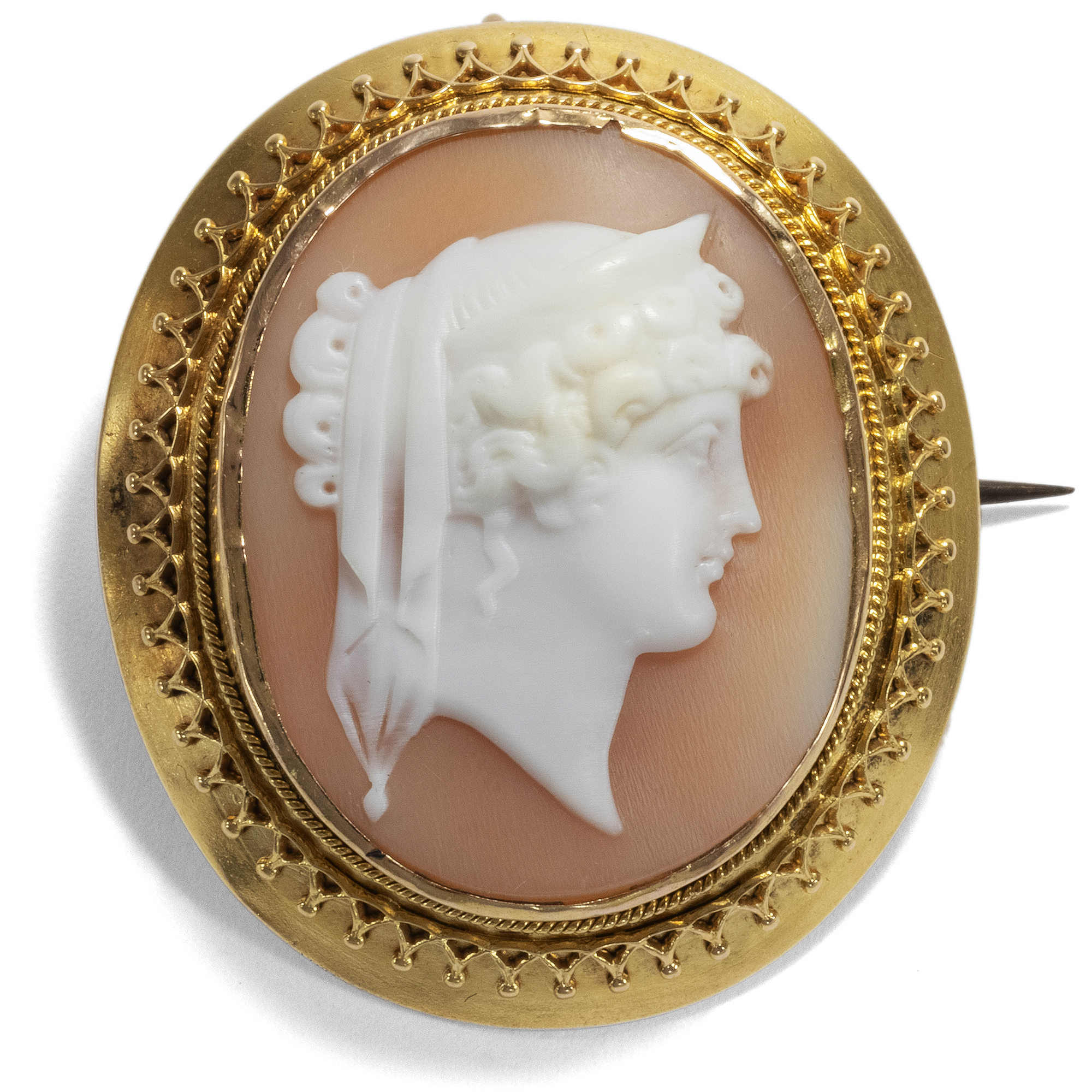 Antique Gold Set Shell Cameo as Brooch, Italy ca. 1870