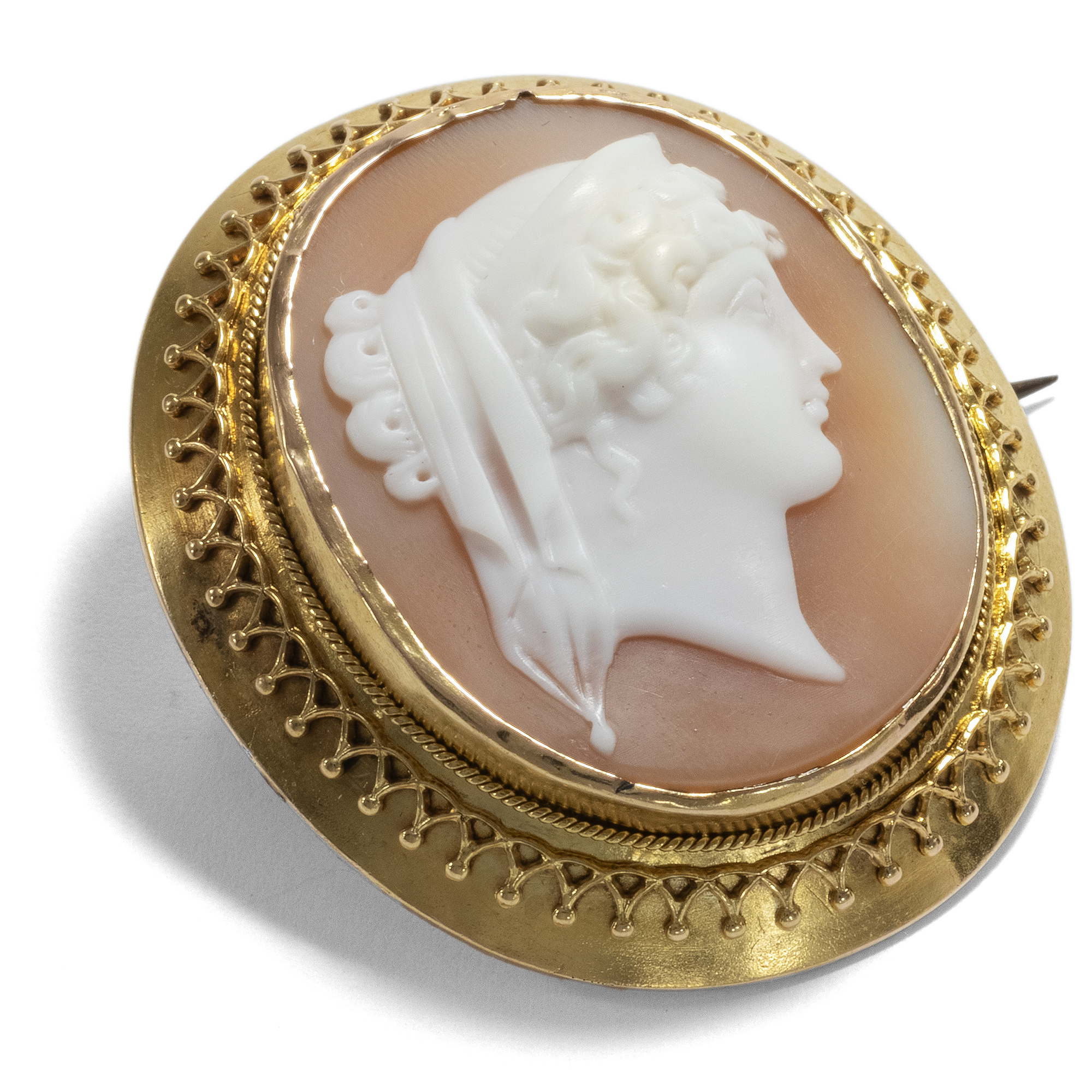 Antique Gold Set Shell Cameo as Brooch, Italy ca. 1870