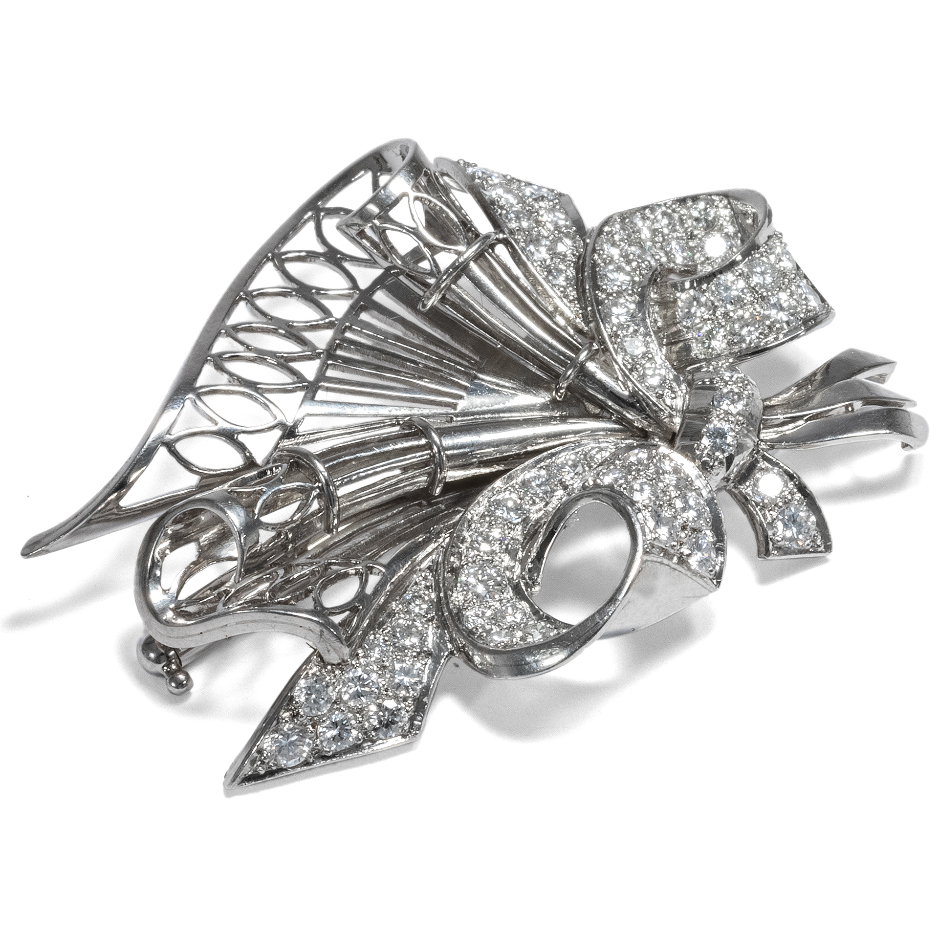 Retro Style Platinum Brooch with Brilliant Cut Diamonds, c. 1950