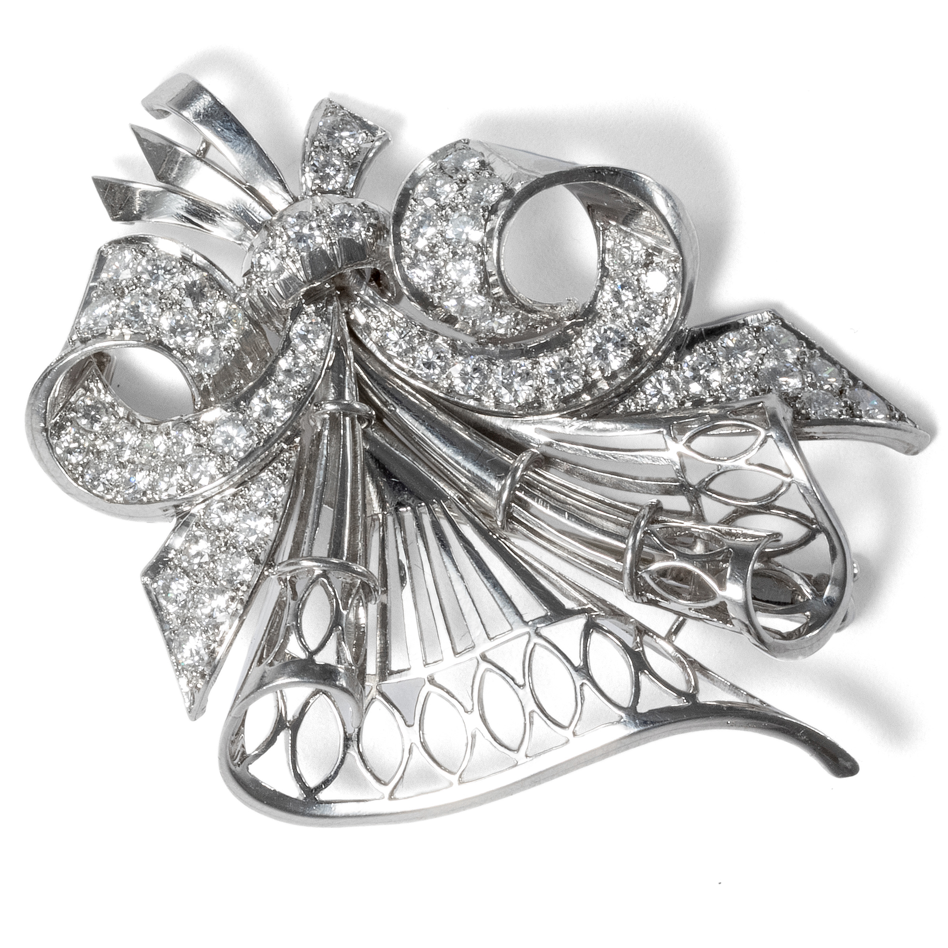 Retro Style Platinum Brooch with Brilliant Cut Diamonds, c. 1950