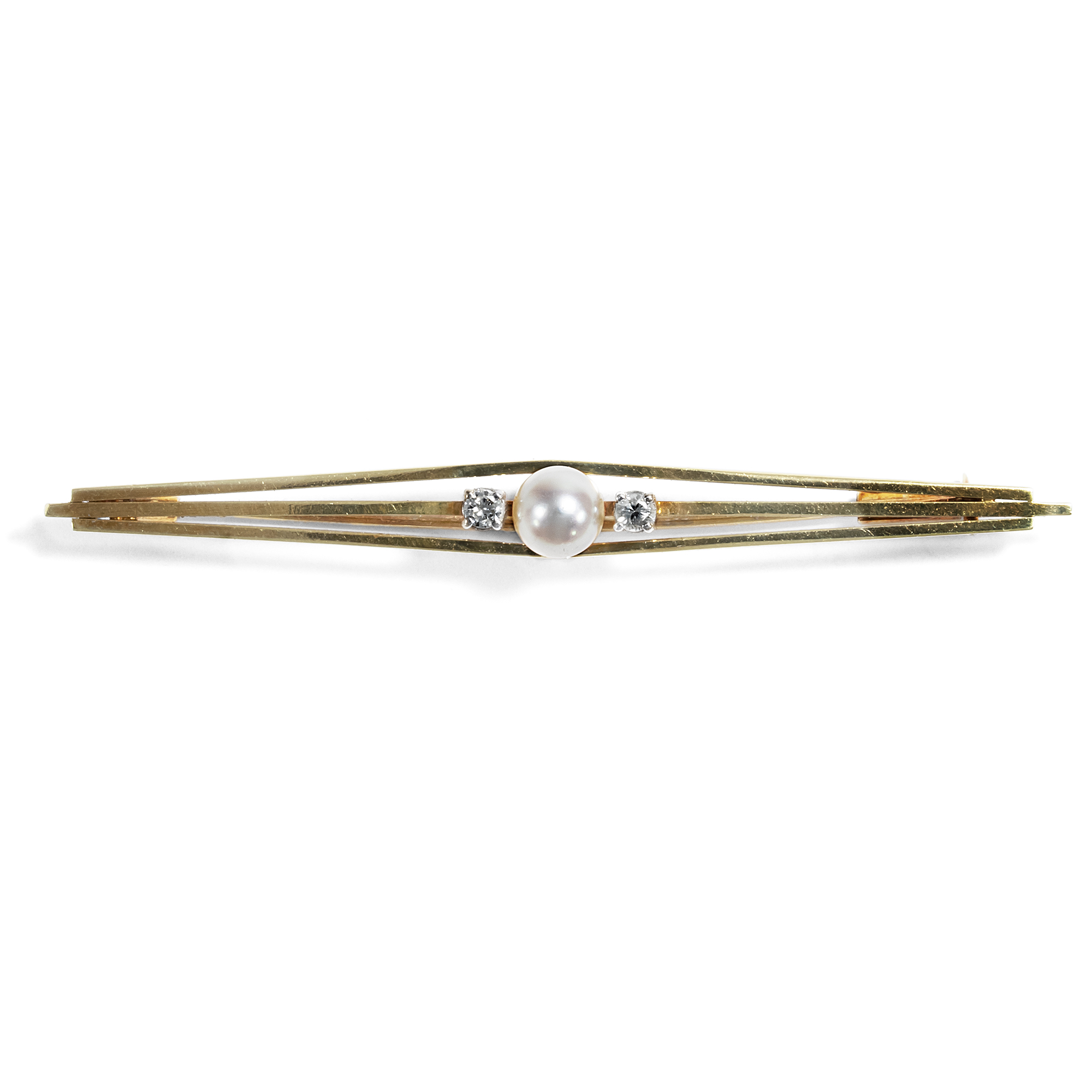 Timeless Vintage Stick Pin With Cultured Pearl & Diamonds in Gold, Around 1955