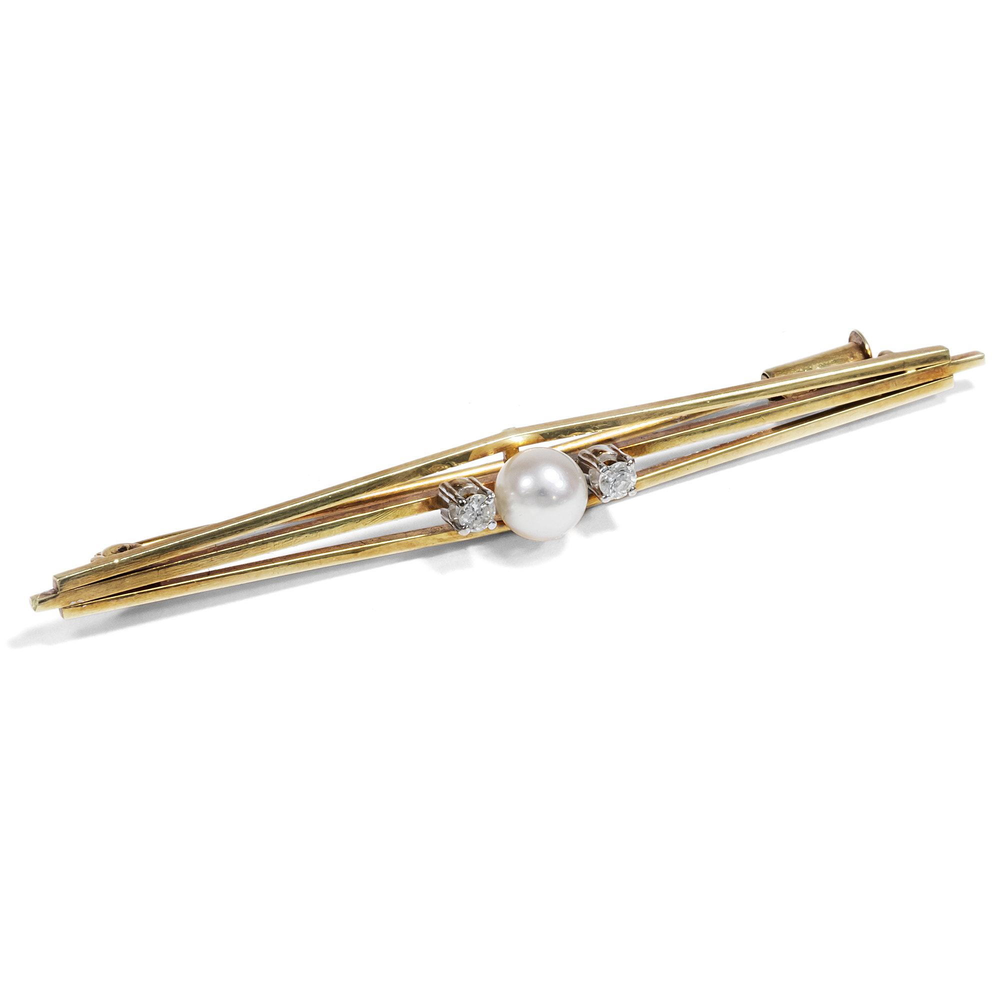 Zeitlose vintage Stabnadel mit Zuchtperle & Diamanten in Gold, um 1955