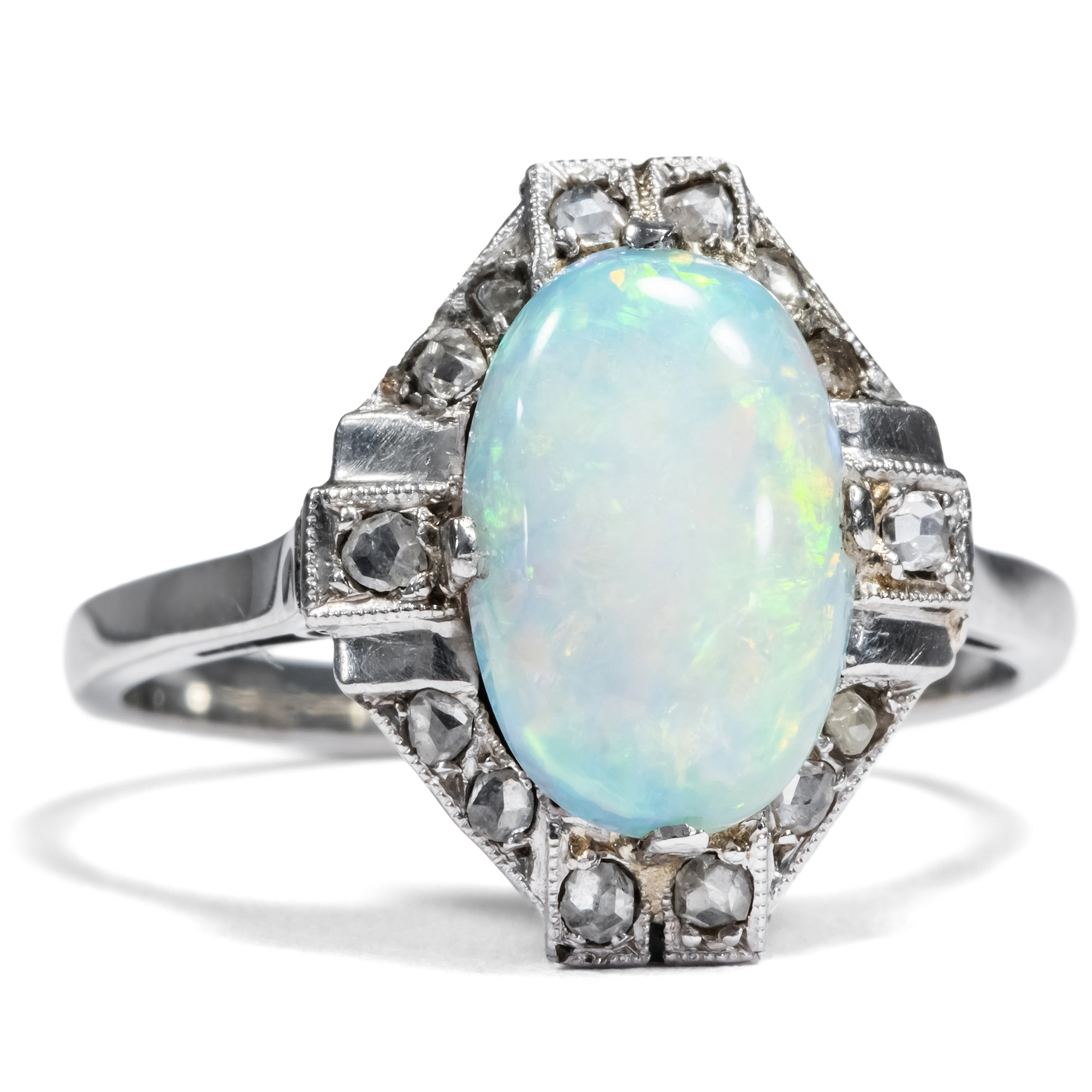 Antique Art Deco Ring with Opal & Diamonds In White Gold, France ca. 1925