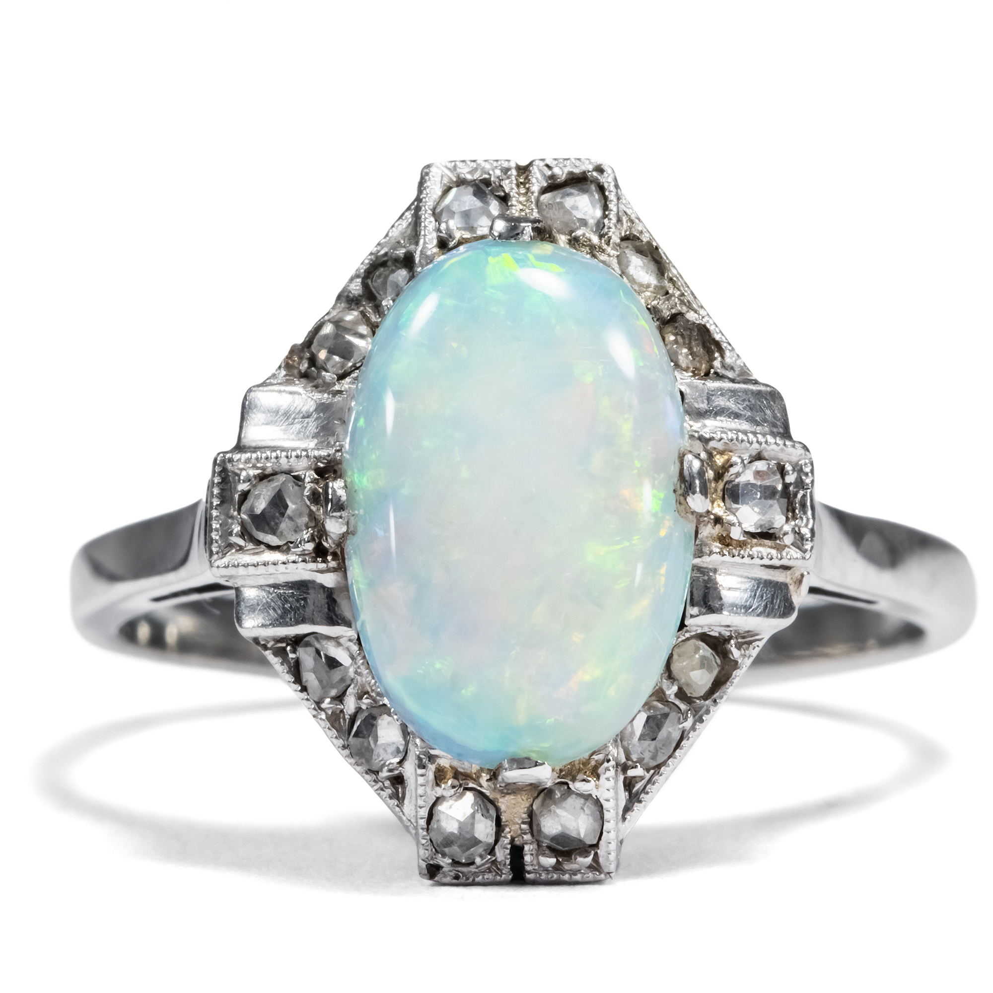 Antique Art Deco Ring with Opal & Diamonds In White Gold, France ca. 1925