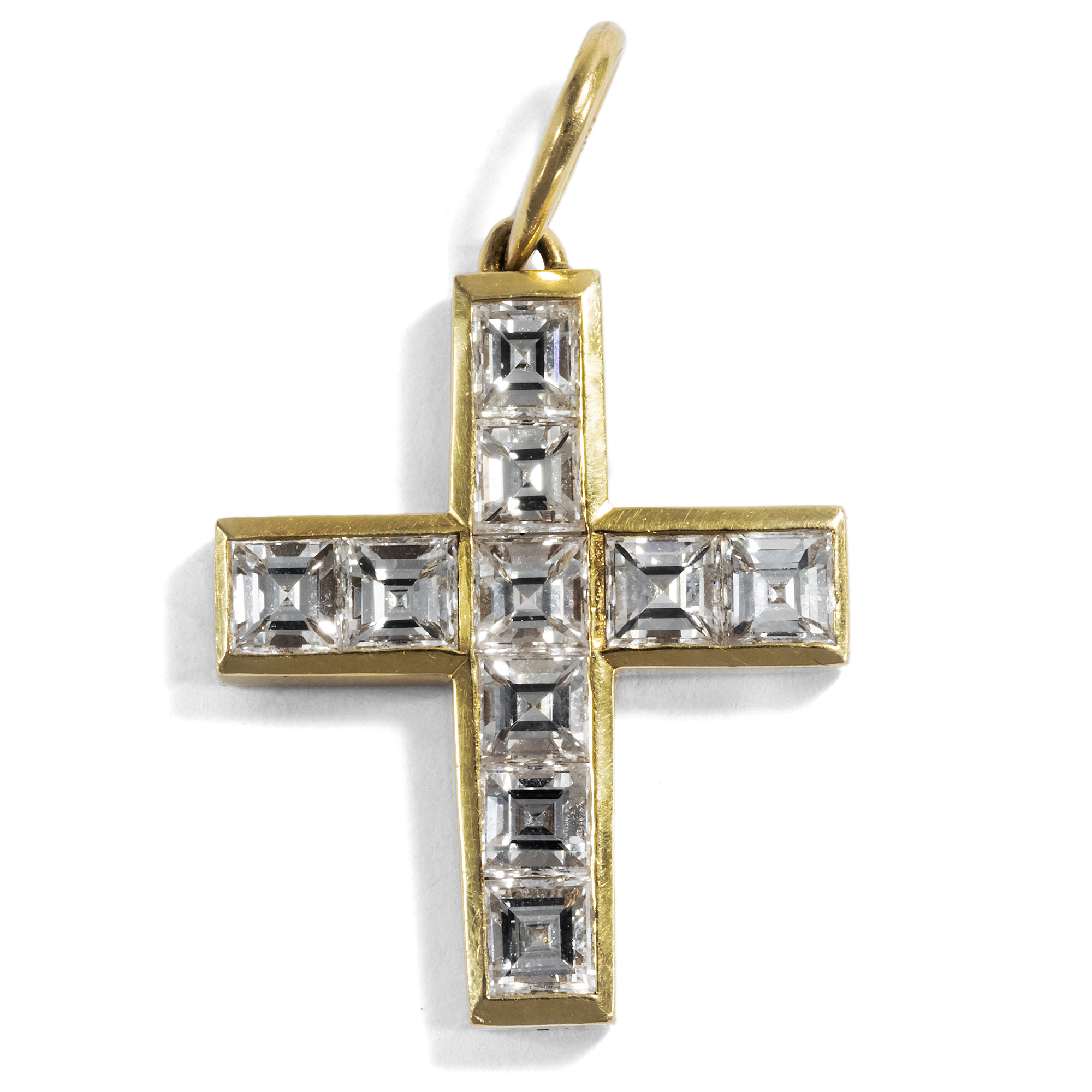 Minimalistischer Kreuz-Anhänger mit 2,70 ct Carré-Diamanten in Gold, um 2000